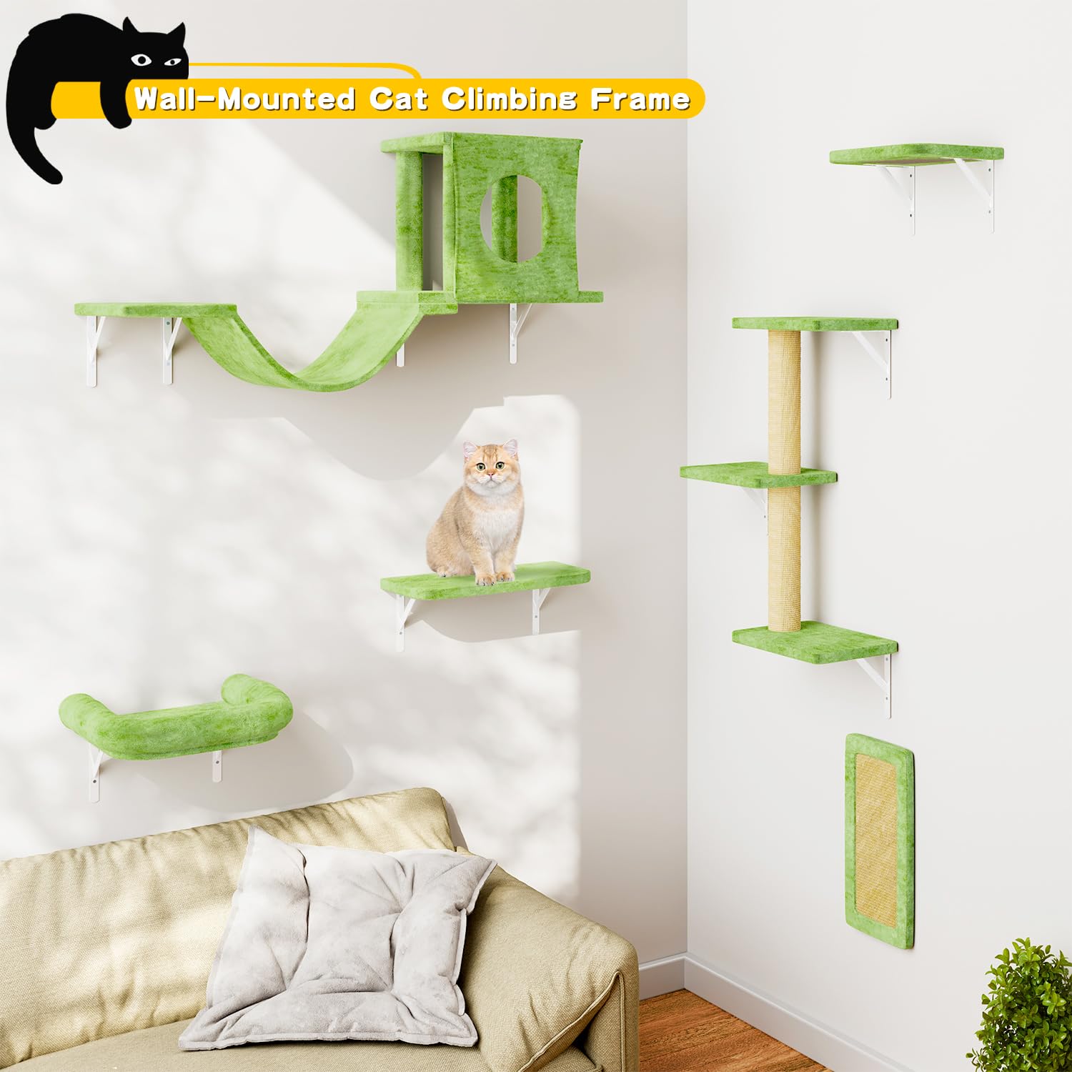 Nunu Lab Cat Wall Shelves, 6 Pcs Luxury Wall-Mounted Cat Climber Set, Indoor Cat Furniture With 1 Condos House, 2 Cat Wall Shelv