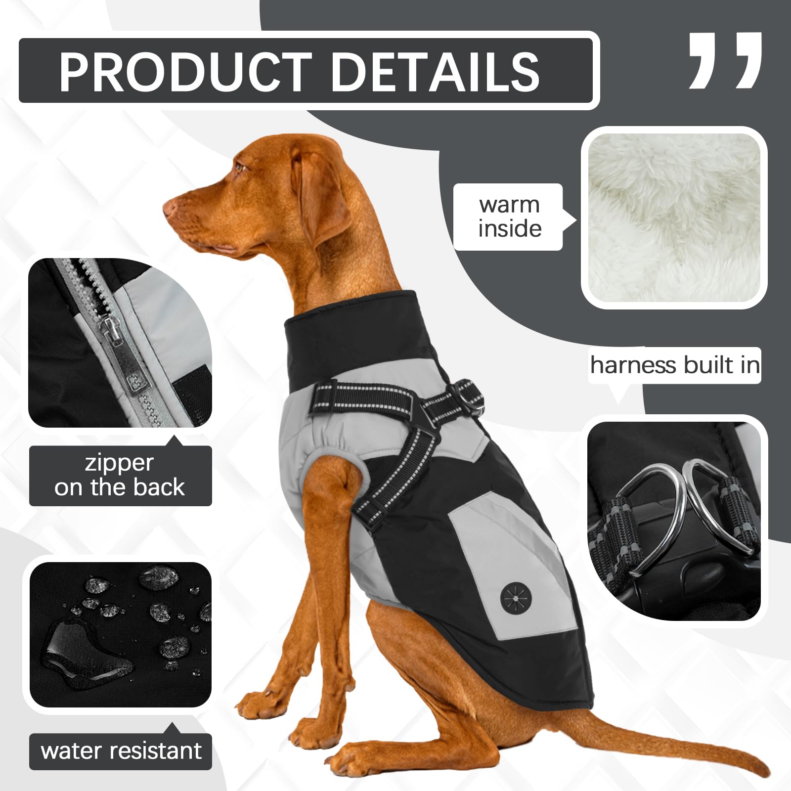 Fuamey Dog Jacket - Waterproof Winter Coat With Zipper - Reflective Vest For Medium Dogs - Black