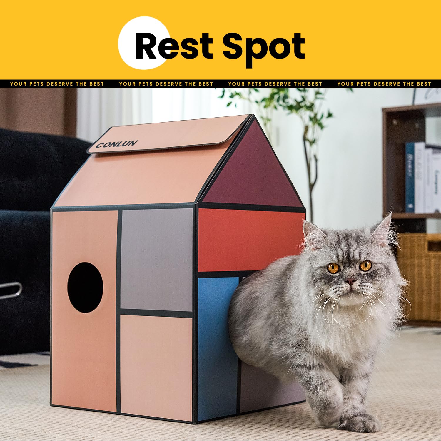 Conlun Cardboard Cat House with Scratch Pad & Catnip, Cat Play Scratching House for Indoor Hideaway Furniture, Heavy Duty Sturdy