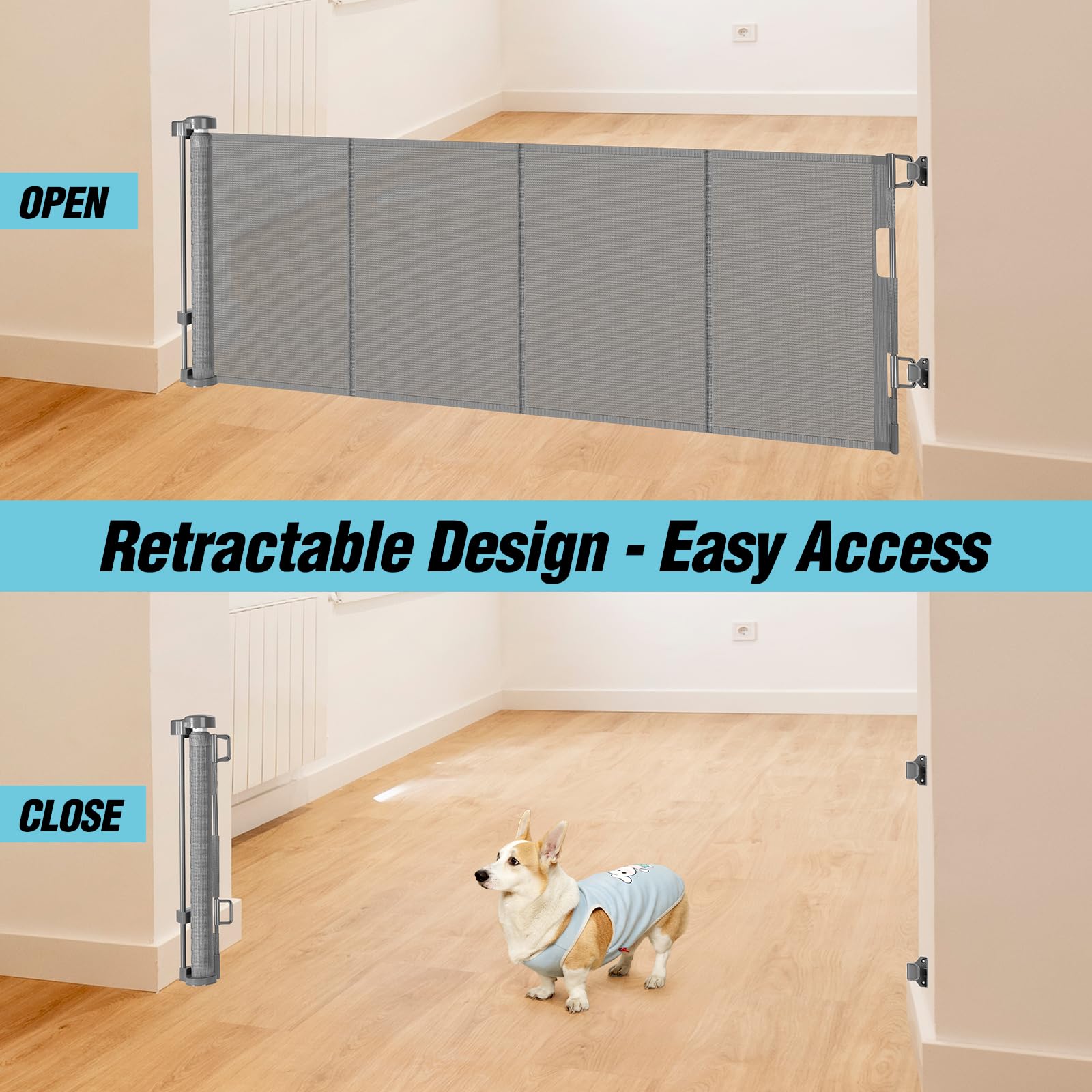 24 Inches Tall Retractable Baby gate for Dogs, Short Pet Gates to Step Over, Extends up to 55'' Wide, Reinforced Mesh Doggie Gat