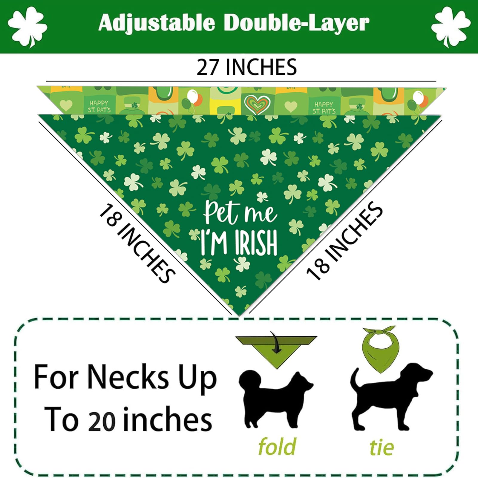 St Patricks Day Dog Bandanas - Lucky Shamrock Puppy Scarf - 2 Pcs Adjustable Triangle Double Layer Reversible Pet Bandanas For S