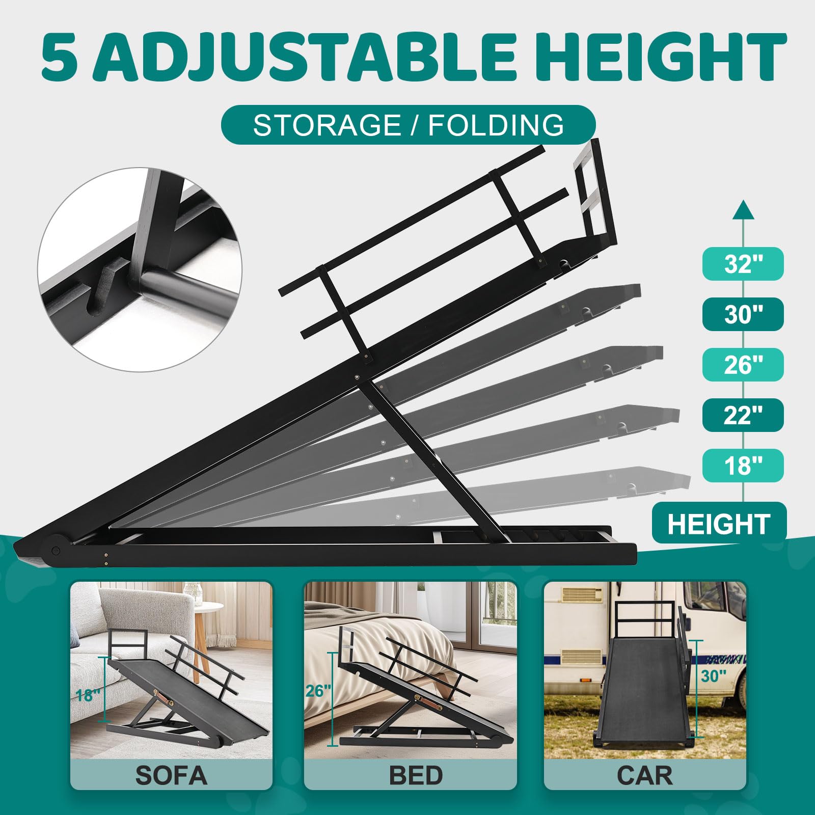 Dog Ramp For Bed, Adjustable Pet Ramps For Dog To Get On Bed, Non-Slip Rubber Surface - Folding Wooden Dog Ramp For Small/Large/