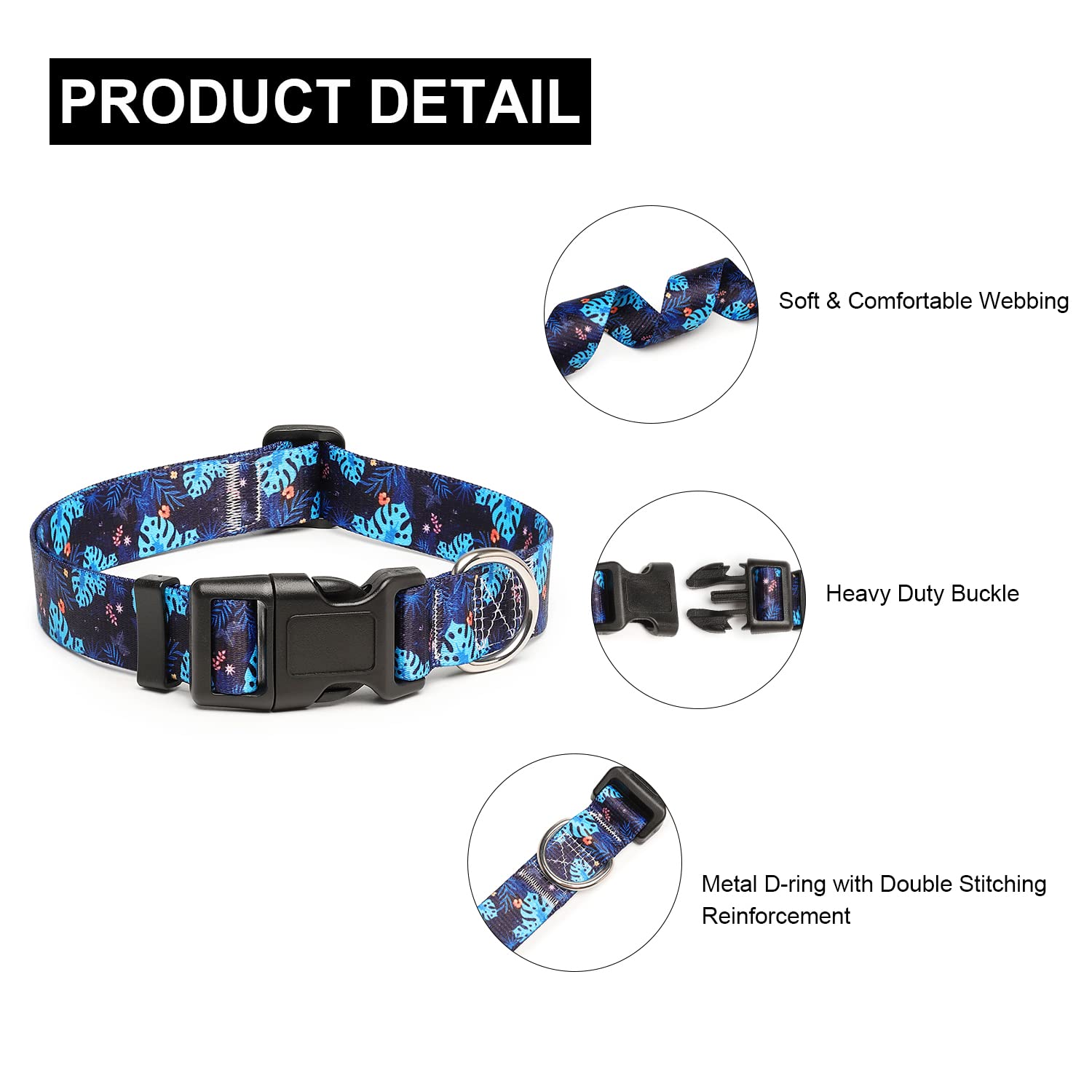 Mercano Adjustable Dog Collar - Special Design Patterns, Soft Nylon Comfortable Durable Pet Collar For Small Medium Large Dogs (M, Monstera)