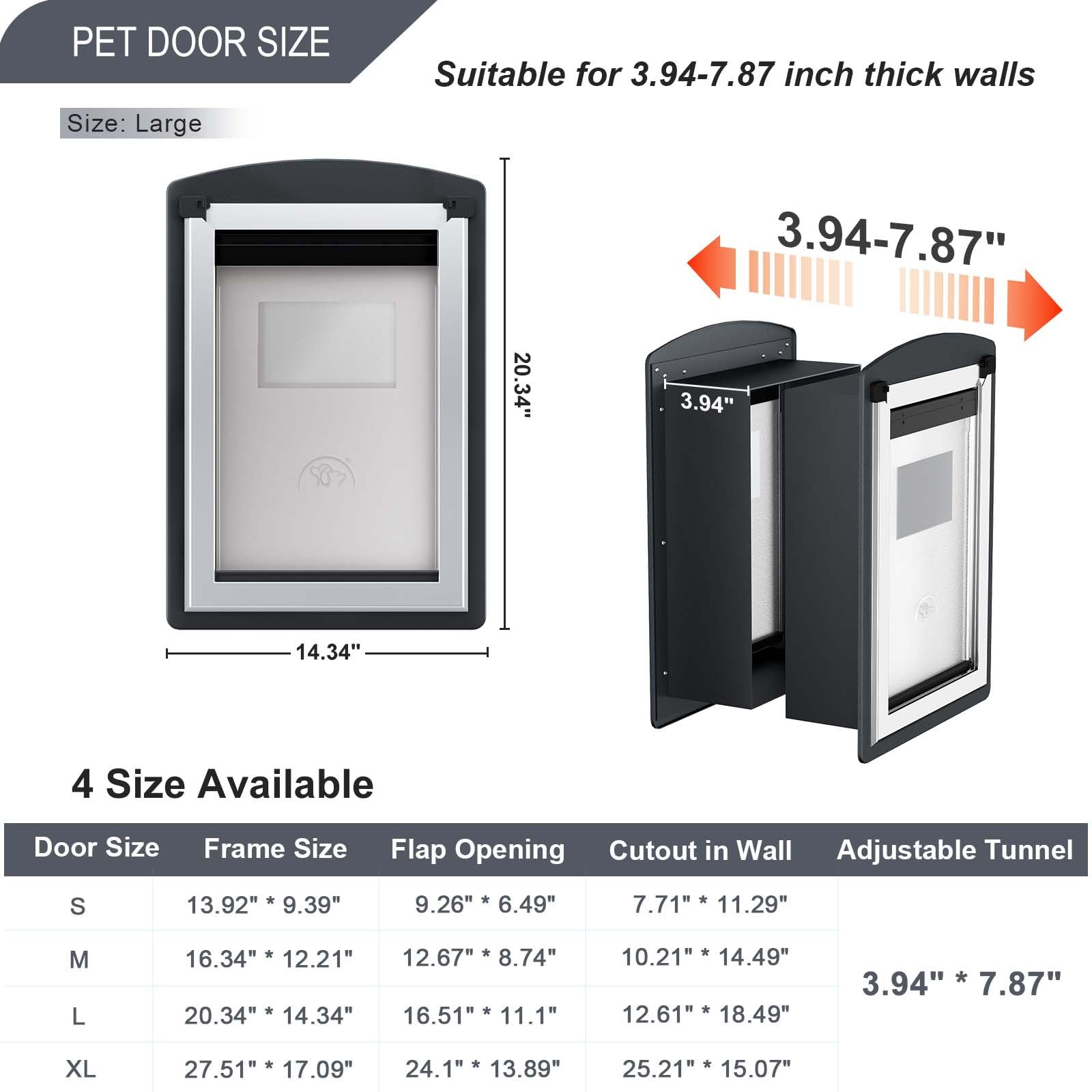 FreeStanding Large Dog Door for Wall, Steel Frame, Telescoping Tunnel, Smoky Gray, Model FRLS100-2S-2S, Easy Install, Up to 100LBS