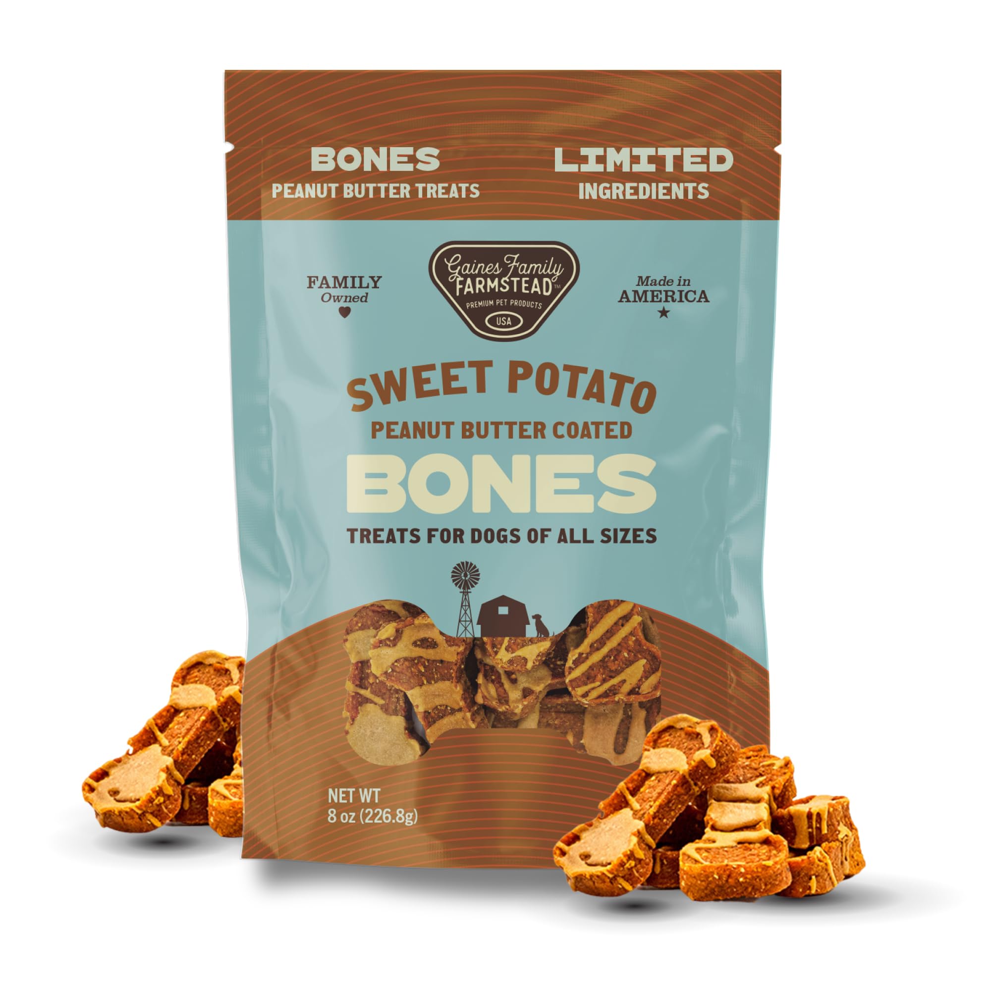 Gaines Family Farmstead Sweet Potato & Peanut Butter Dog Bones - 8 oz, Grain-Free, All-Natural Dog Treats for Digestion, Skin, E