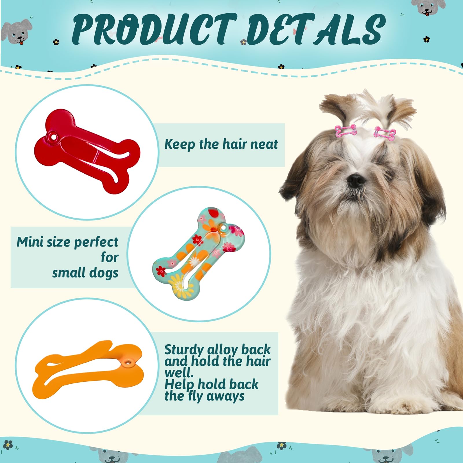 Rimobul 1' Mini Pet Hair Clip - Rimobul 50 Pieces Dog Hair Clips Bone Shaped Snap Pet Hair Barrettes Multicolor Small Snap Hair Clips Puppy Hair Accessories For Yorkie Puppy Pet 25 Styles