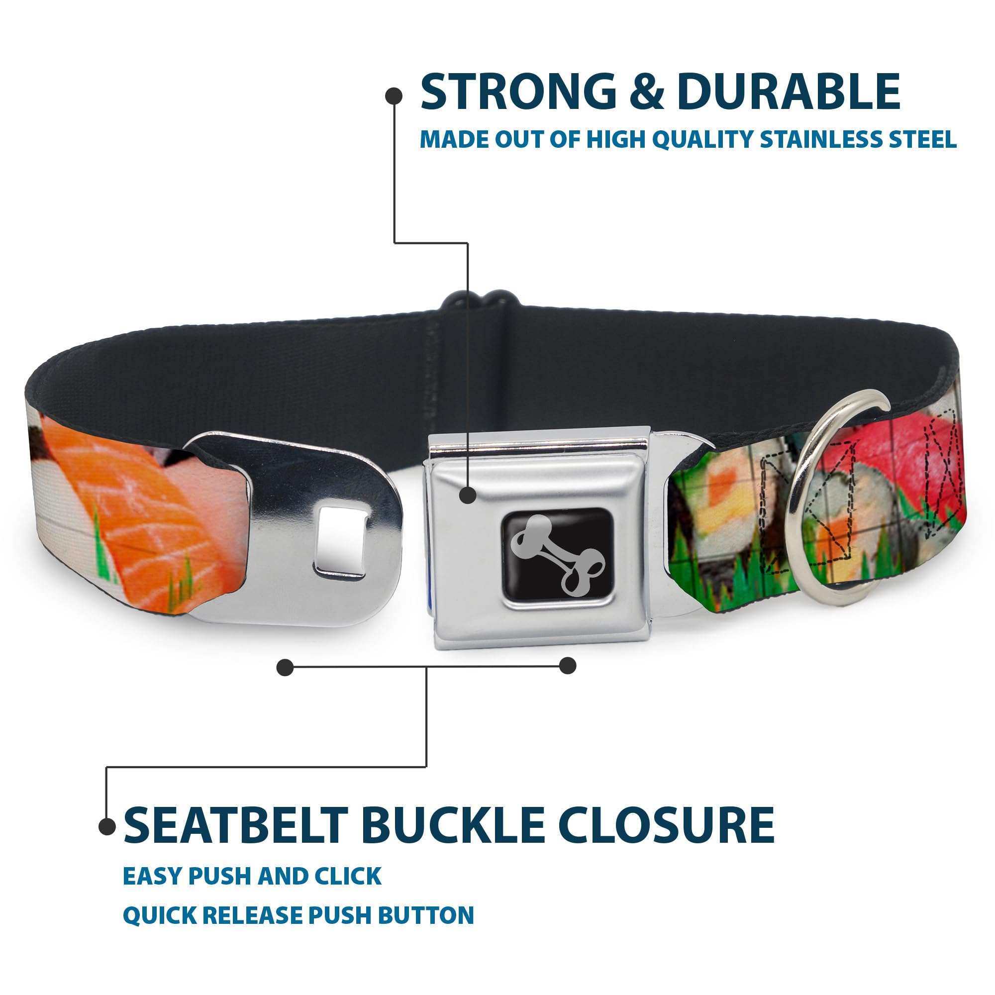 Buckle-Down Dog Collar Seatbelt Buckle Sushi Vivid 9 To 15 Inches 1.0 Inch Wide, Multicolor (Dc-W34595-S)