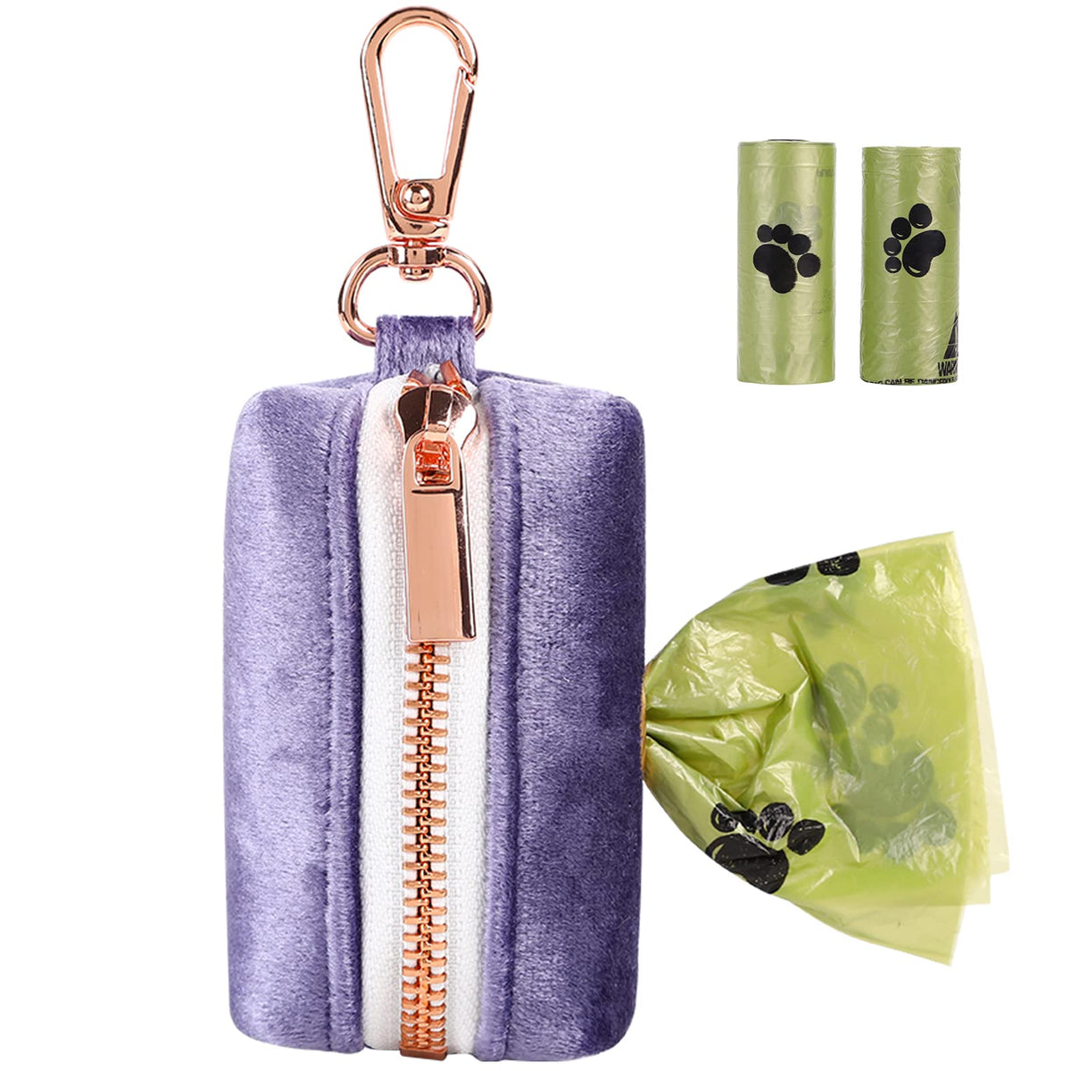 Aring Pet Dog Waste Bag Dispenser, Velvet Doggy Poop Bags Holders Attach To Any Leashes, Purple Portable Washable Pet Waste Pouch Dispenser With Metal Zipper