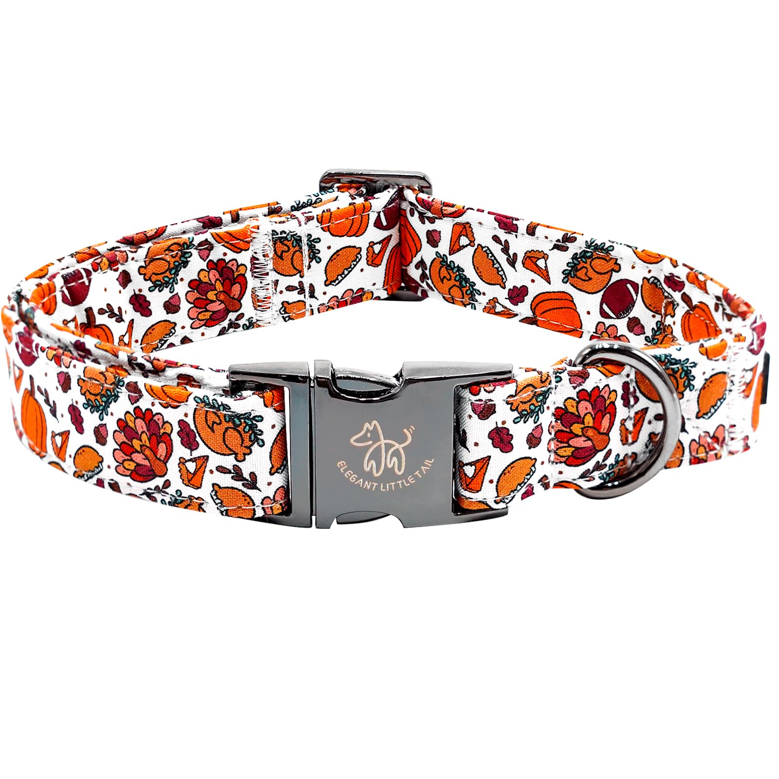 Elegant Little Tail Thanksgiving Dog Collar, Turkey & Pumpkin Pattern, Cotton With Metal Buckle, Adjustable For X-Small Puppy