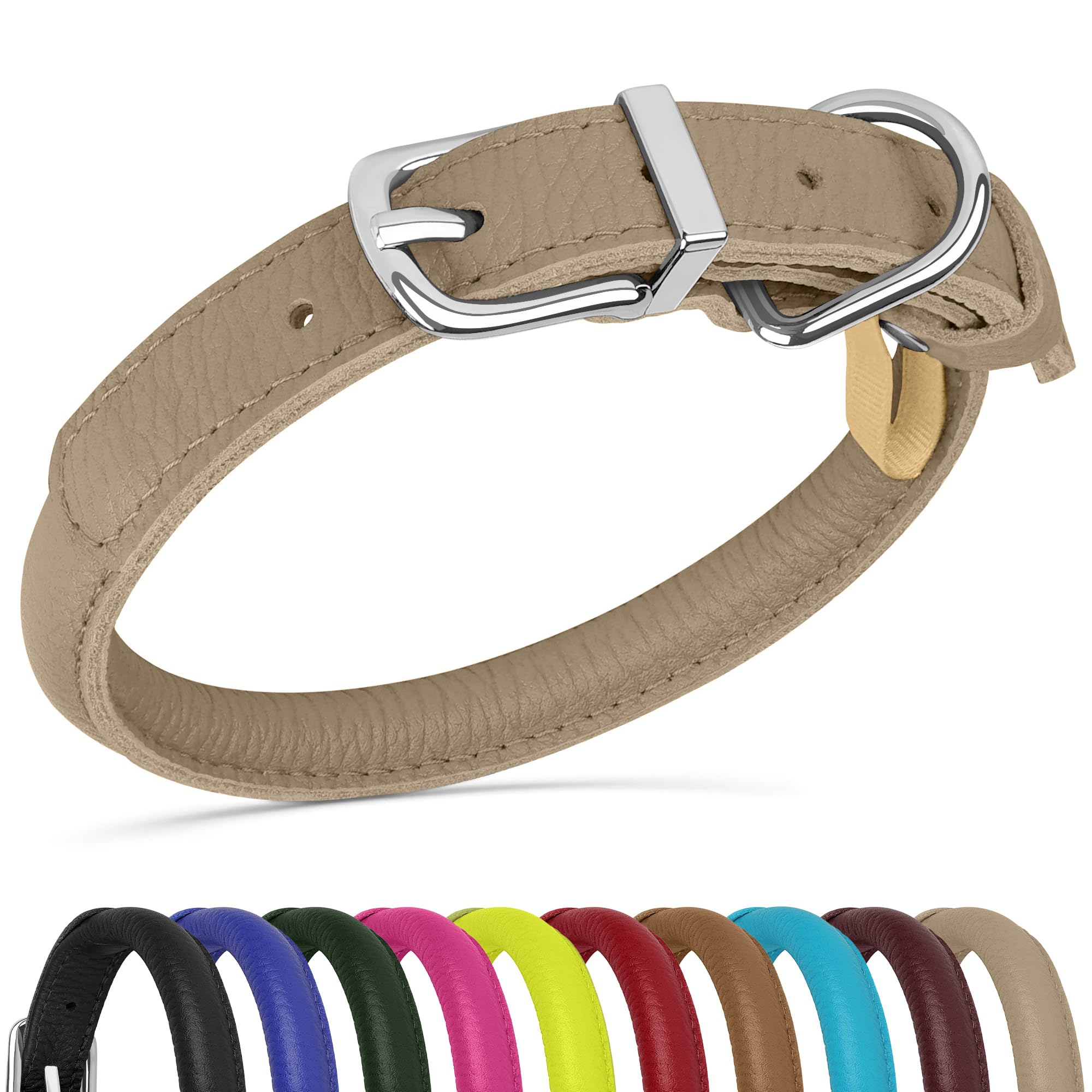 Oopsdoggy Rolled Leather Dog Collar Soft Roll Collars For Small Medium Large Dogs Puppy (Lime Green, Xxs, 7'-9')