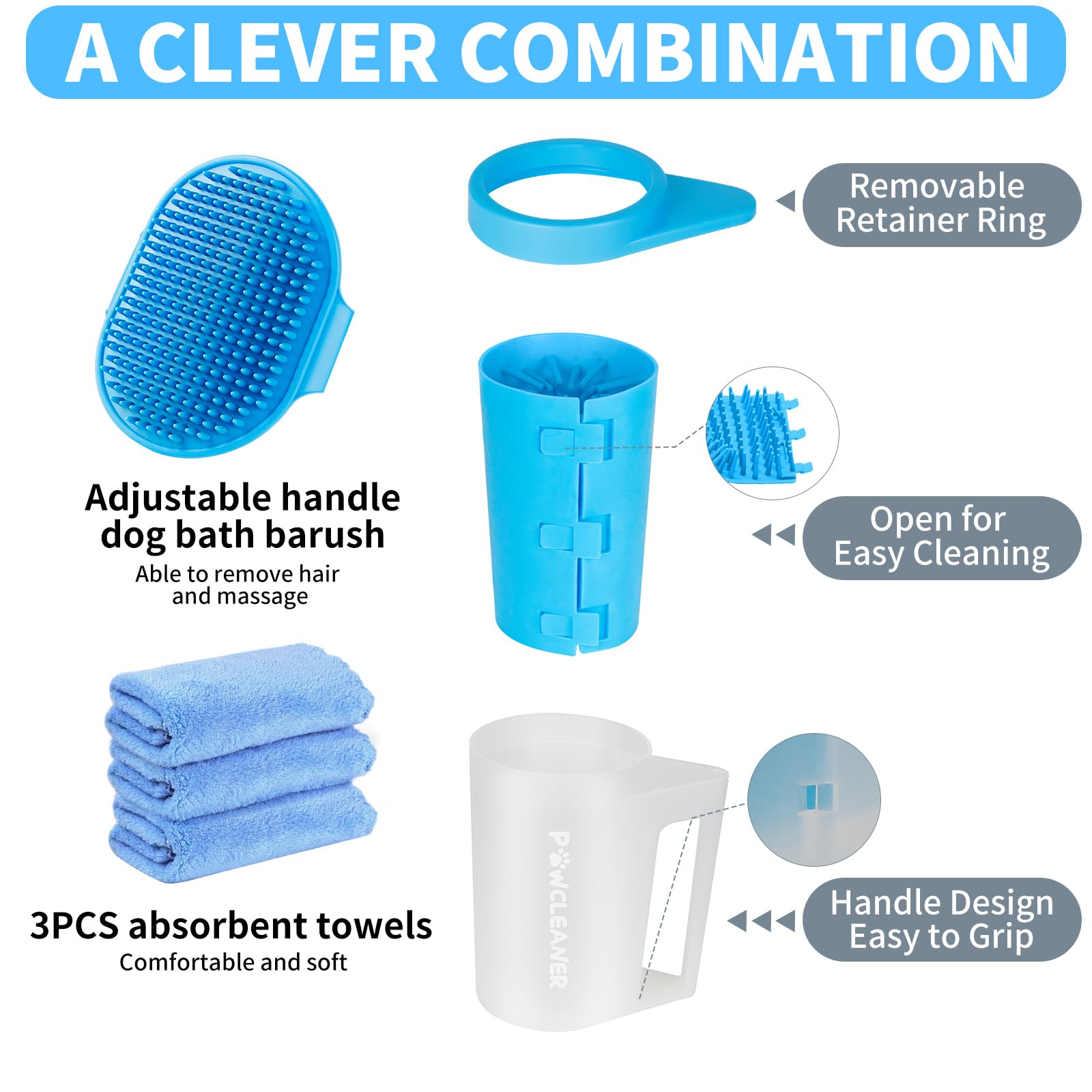 Dog Paw Cleaner For Dogs, (With 3Pcs Absorbent Towels & Adjustable Bath Brush) Dog Paw Washer, Pet Foot Cleaner (Blue, Medium)