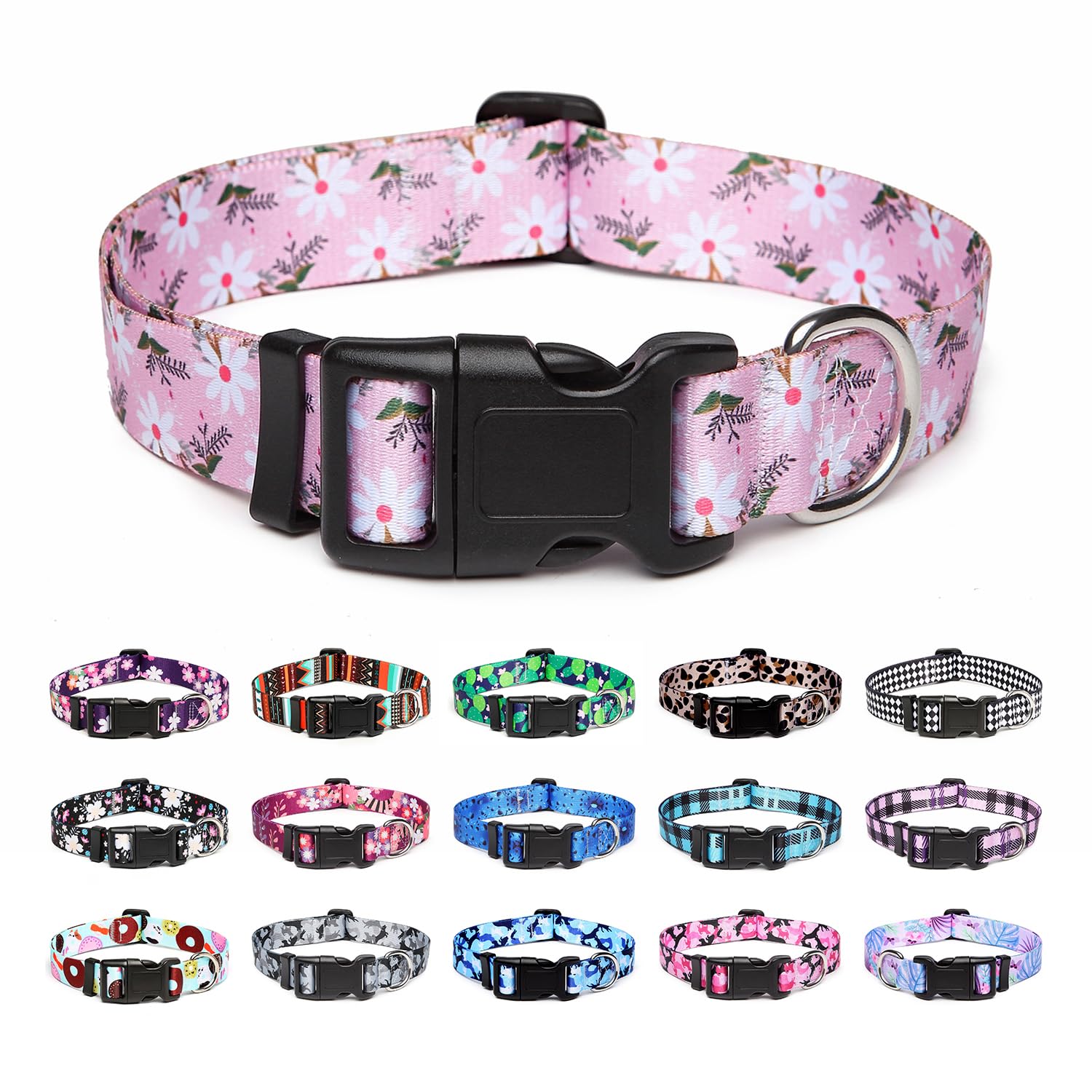 Mercano Adjustable Dog Collar - Special Design Patterns, Soft Nylon Comfortable Durable Pet Collar For Small Medium Large Dogs (S, Pink White Flower)