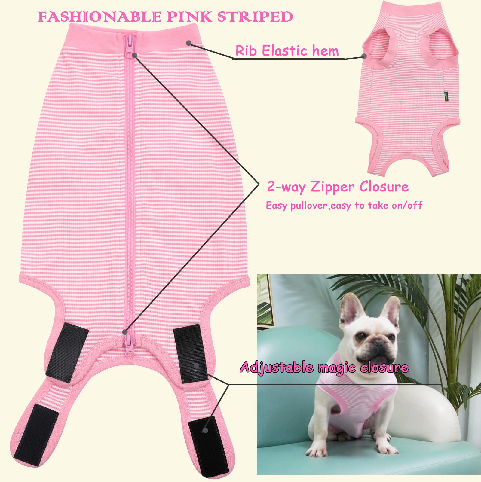 Sychien Dog Recovery Suit Pink Female Spay Surgical Small Shirt, Male Surgery Recovery Suit,Pink-White Striped Xs