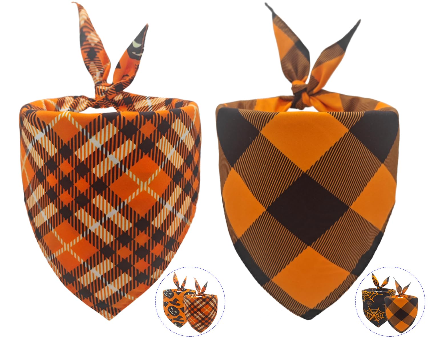 2Pcs Fall Dog Bandanas,Halloween Dog Bandanas,One Side Orange Plaid,The Other Side Pumpkin Or Spider Web Bibs,Holiday Pet Scarf 