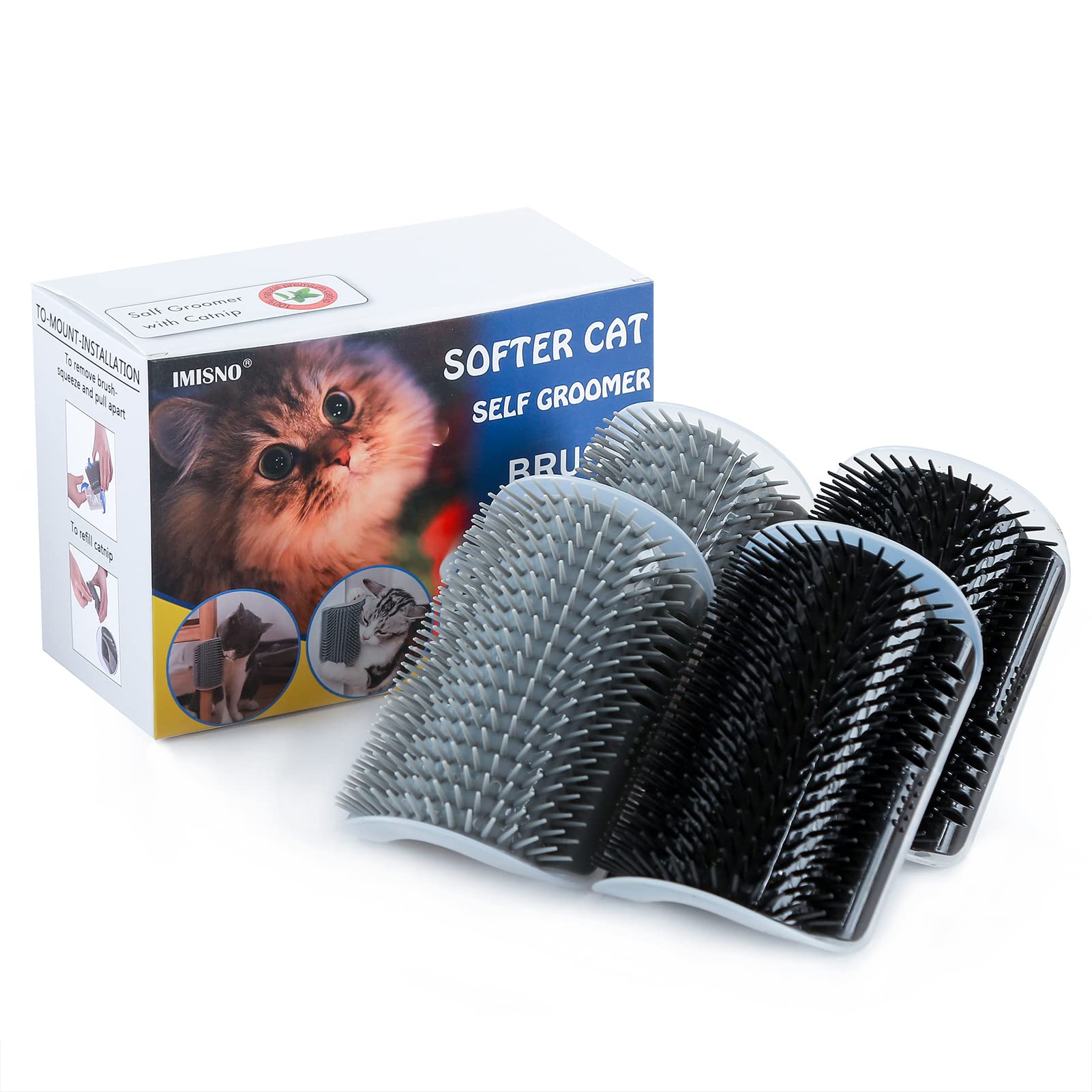 4 Pack Cat Self Groomer With Catnip Pouch,Cats Corner Massage Comb Grooming Brush Tool For Kitten Puppy (2 Black/2 Grey)