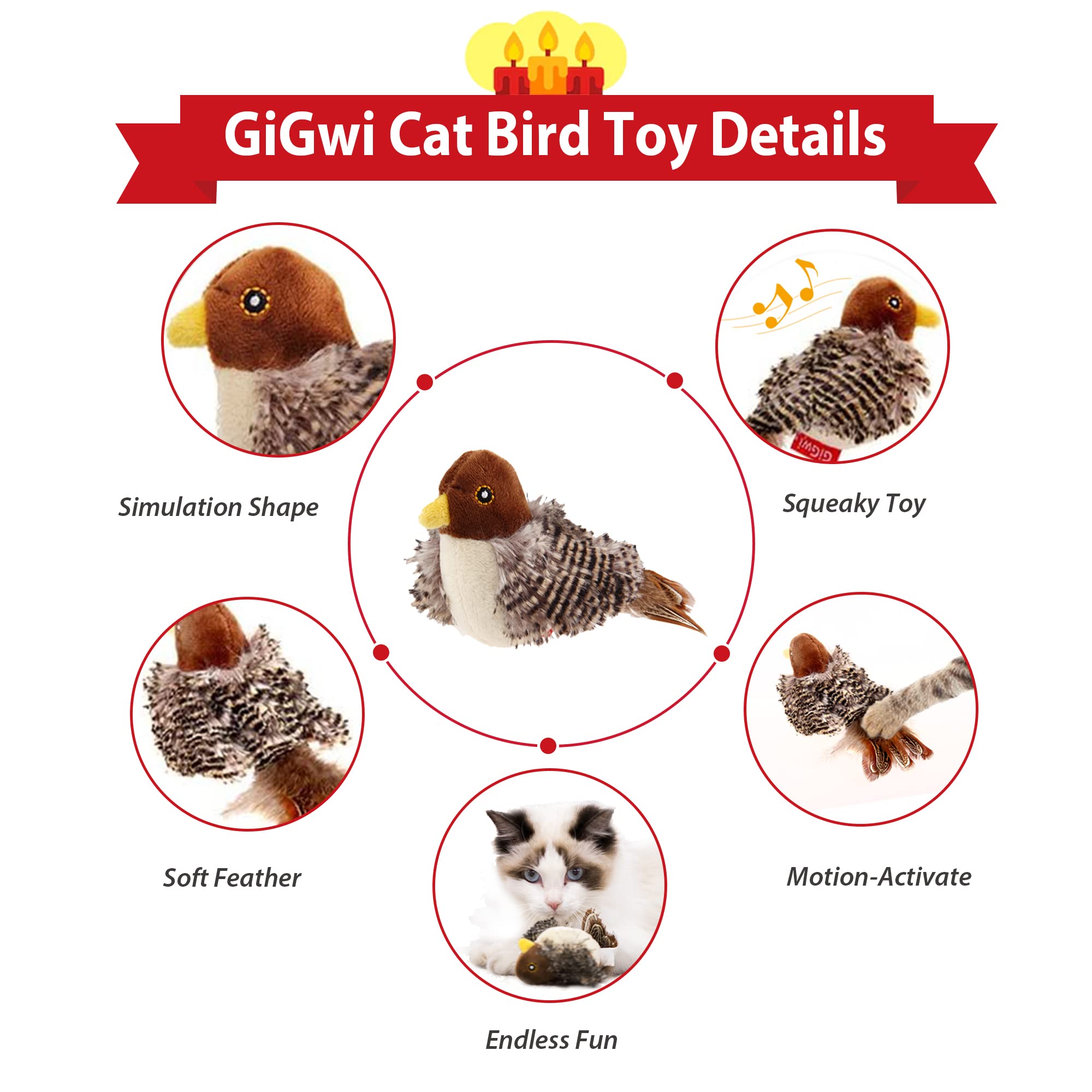 Gigwi Chirping Bird Cat Toys For Indoor Cats, Interactive Cat Toy With Real Electronic Squeaky Sound And Feather, Kitten Toys Au