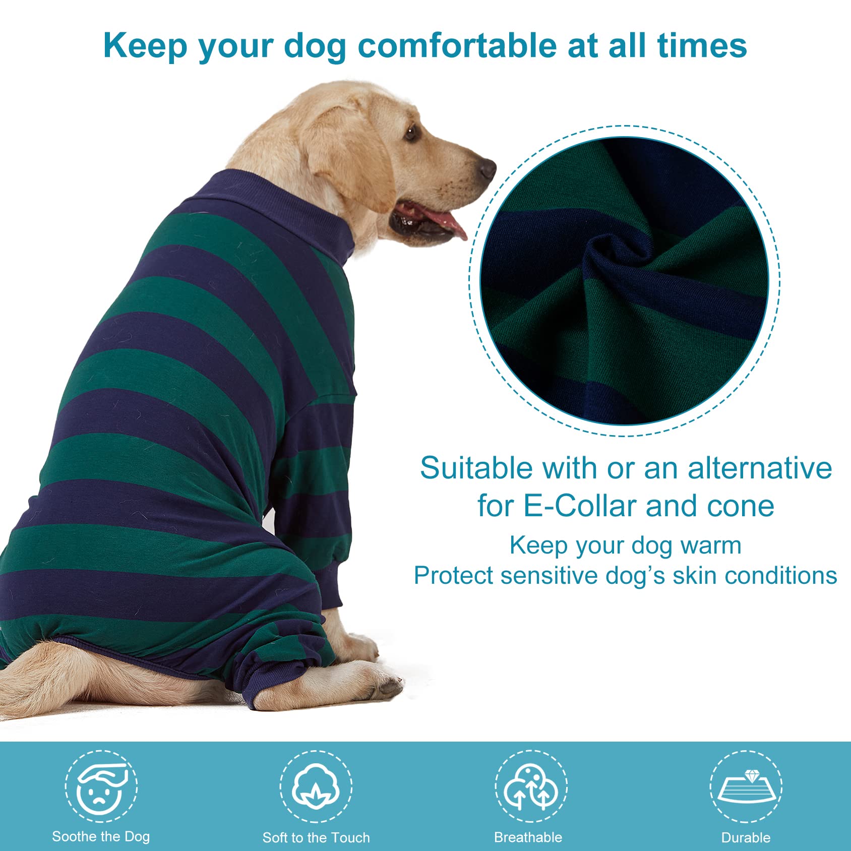 Lovinpet Large Dog Pajamas Bodysuit - Lightweight Stretchy Knit Pullover Dog Onesie, Green And Black Stripe Print Dog Shirt, Uv