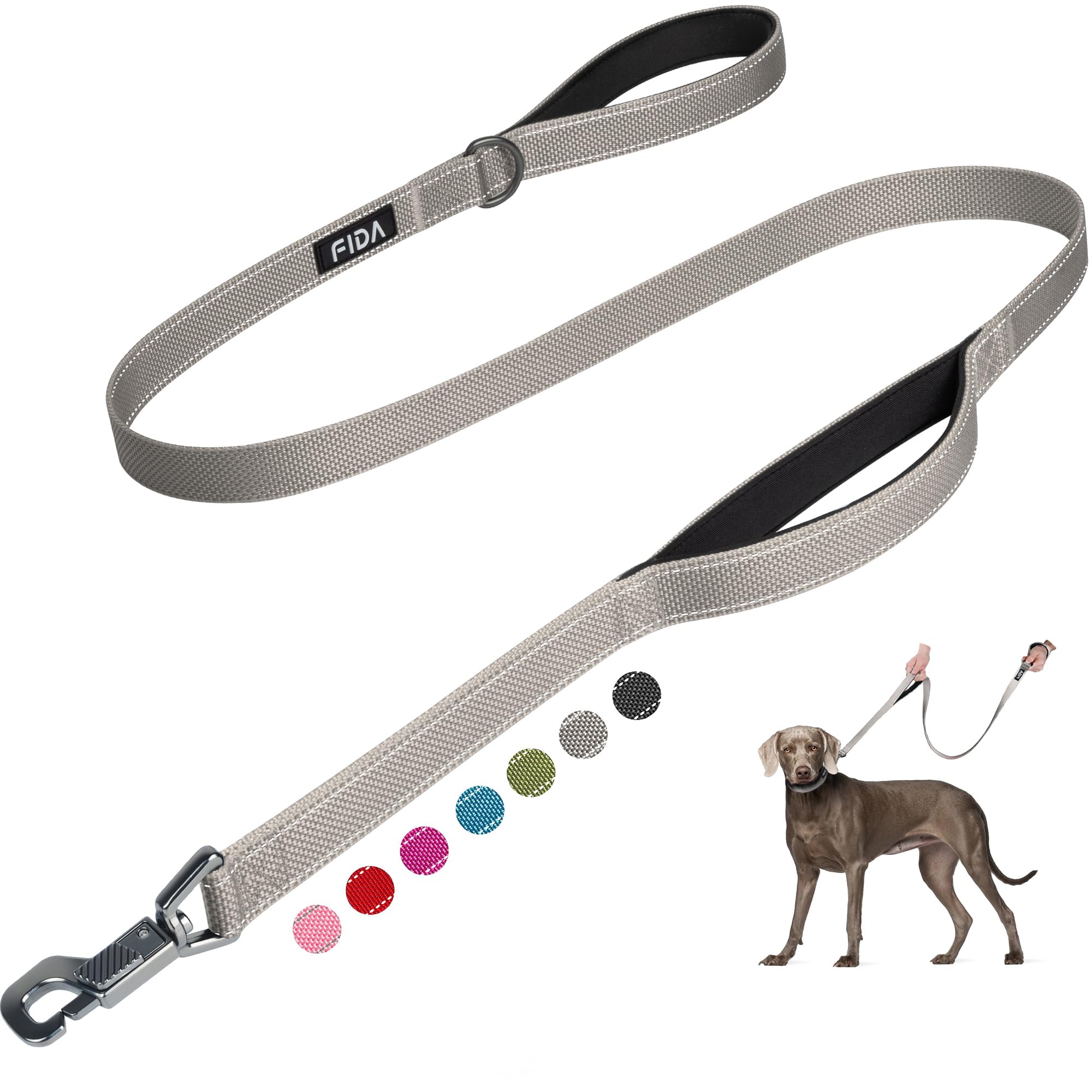 Fida 5 Ft Heavy Duty Dog Leash With 2 Comfortable Padded Handles, Traffic Handle & Advanced Easy Snap Hook, Reflective Walking L