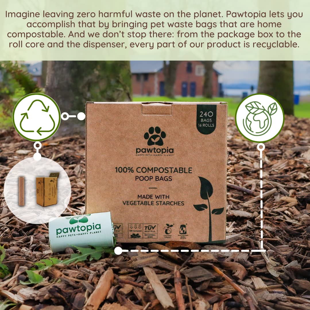Pawtria Certified Home Compostable Dog Poop Bags (240 Bags + Kraft Paper Dispenser), Biodegradable Poop Bags, Cat Litter, Vegeta