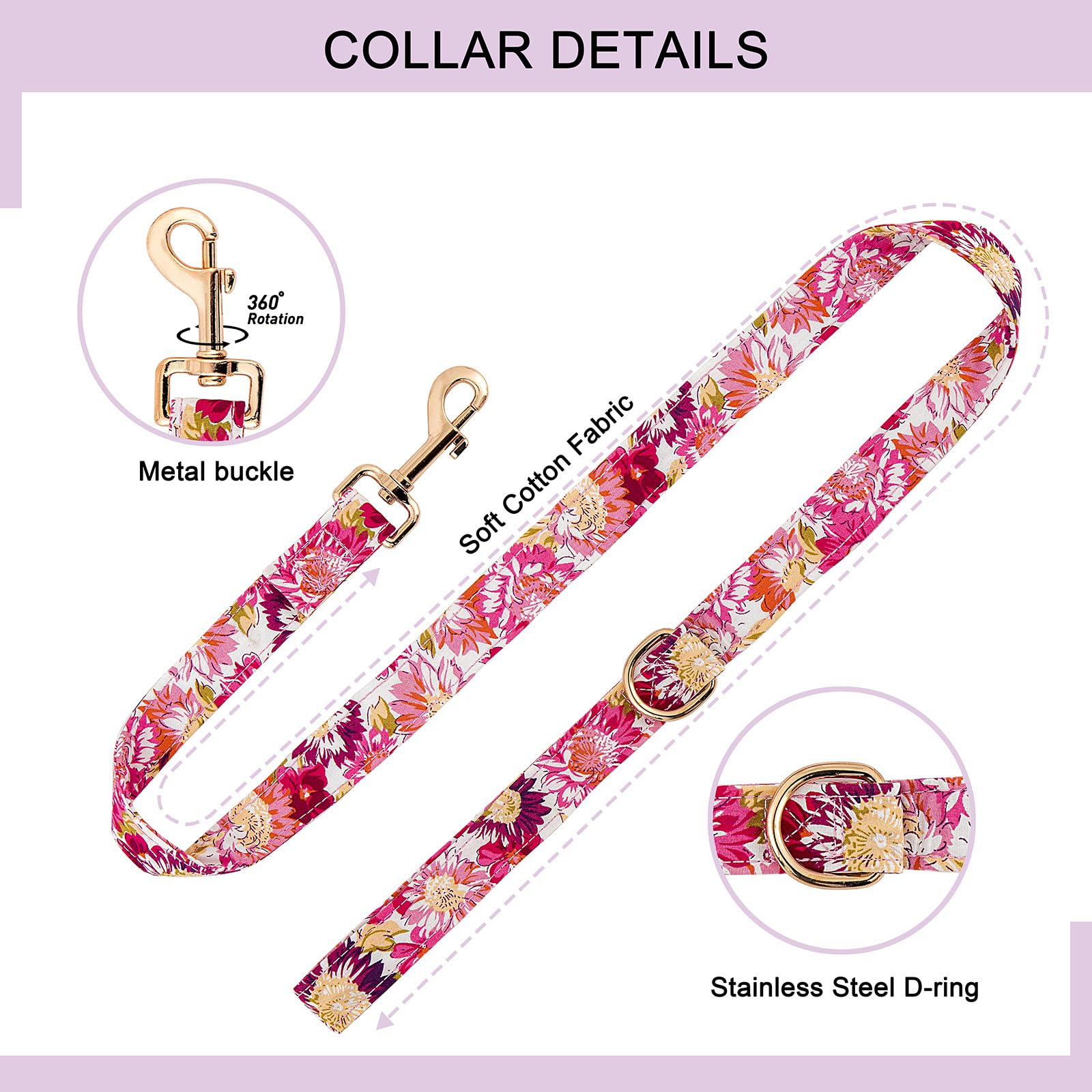 Dog Collar And Leash Set With Airtag Holder,Adjustable Dog Collars With Quick Release Metal Buckle,Flowers Patterns With Soft Pa