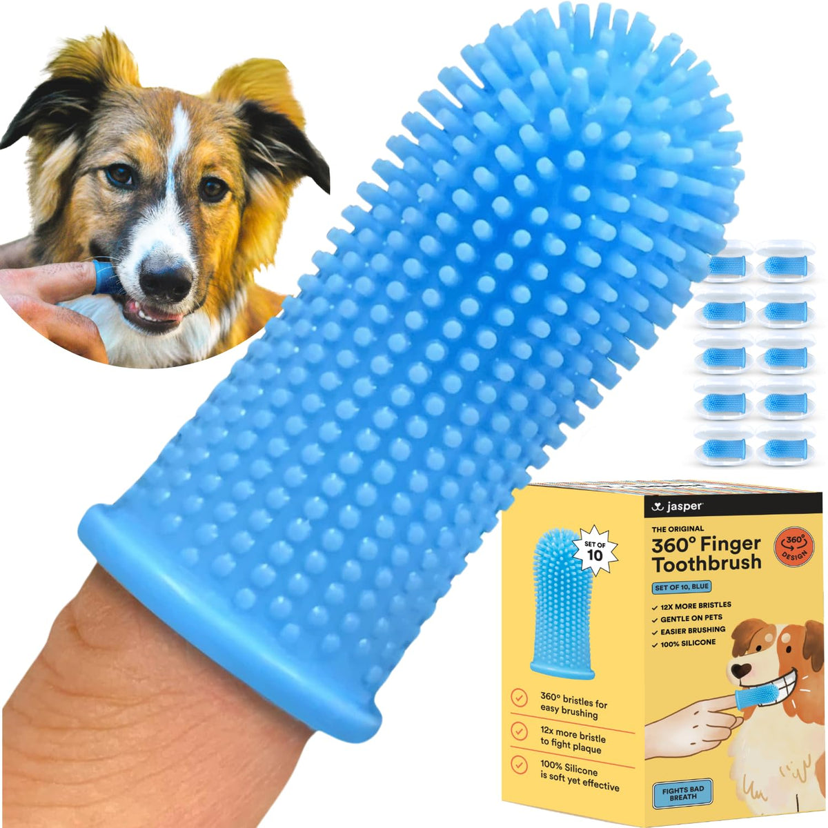 Jasper Dog Toothbrush, 360º Dog Tooth Brushing Kit, Cat Toothbrush, Dog Teeth Cleaning, Dog Finger Toothbrush, Dog Tooth Brush For Small & Large Pets, Dog Toothpaste Not Included, 10-Pack Blue