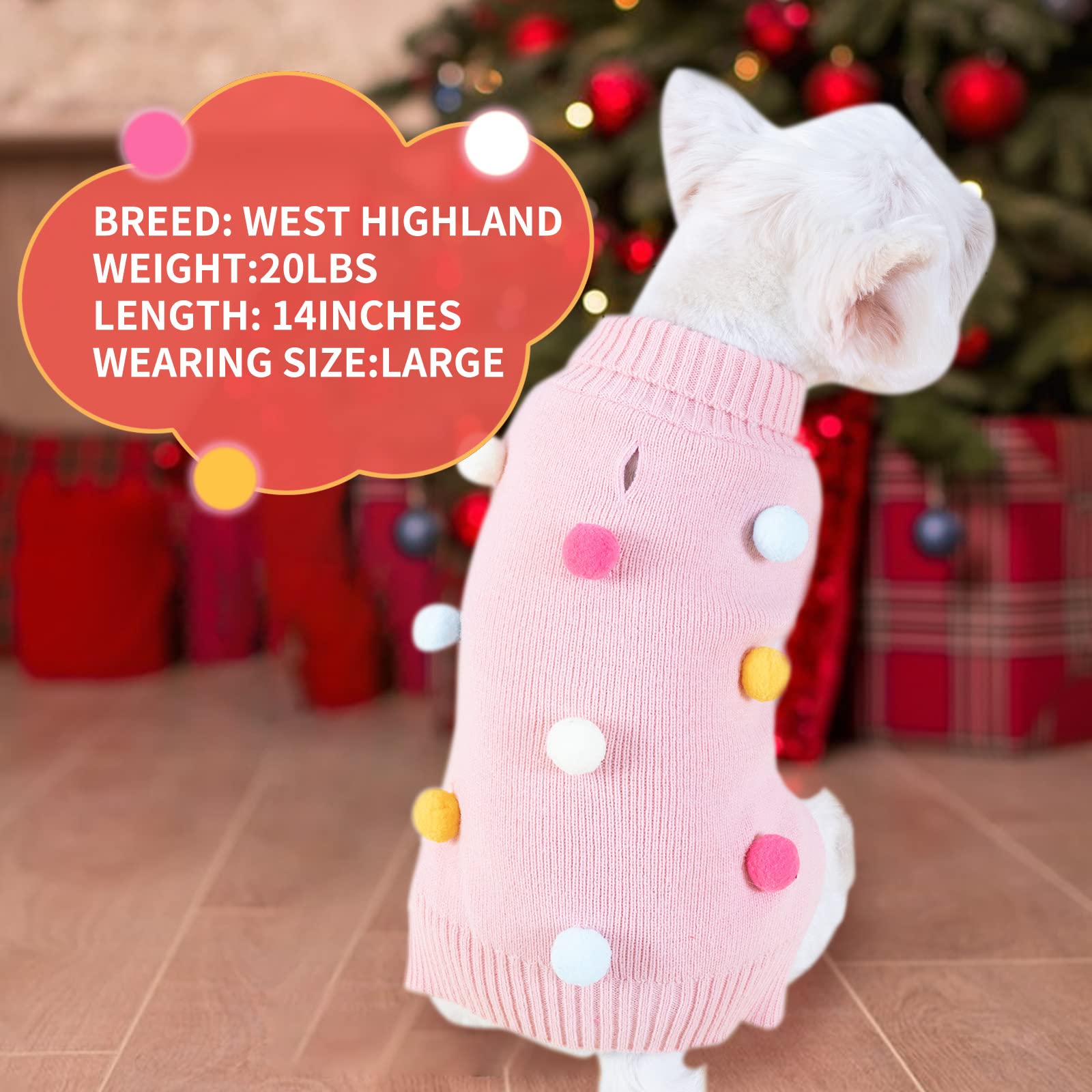 Kyeese Valentines Day Dog Sweater With Colorful Pompom Ball Turtleneck Dog Knitwear With Leash Hole For Small Dogs Puppy Cat Sweater,S