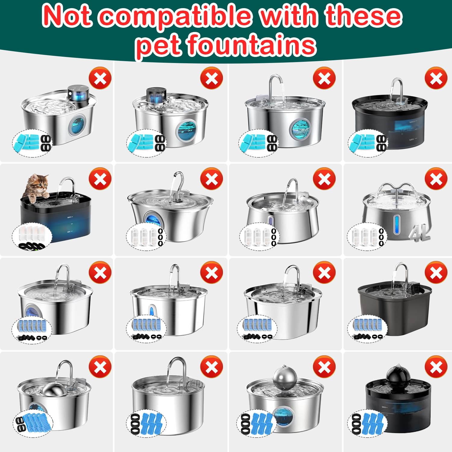 Cat Water Fountain Filters,24 Pack Cat Fountain Replacement Filters for Stainless Steel 67oz/2L Adjustable Water Flow Pet Water