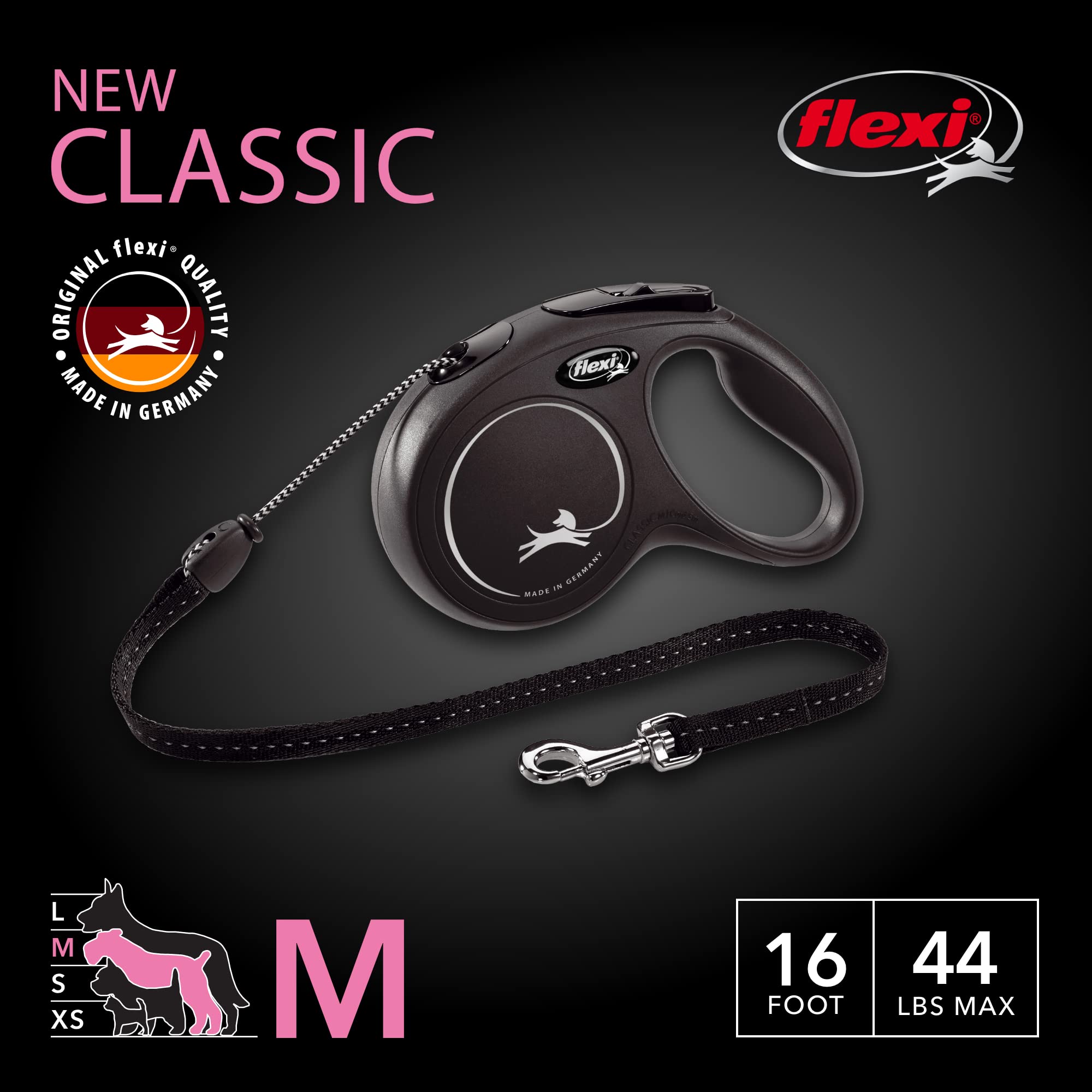 Flexi New Classic Cord Retractable Dog Leash For Medium Dogs Up To 44 Lbs. – 16 Ft., Black | Tangle-Free Pet Walking Leash With One-Handed Brake, Pause, Lock|German Quality Product