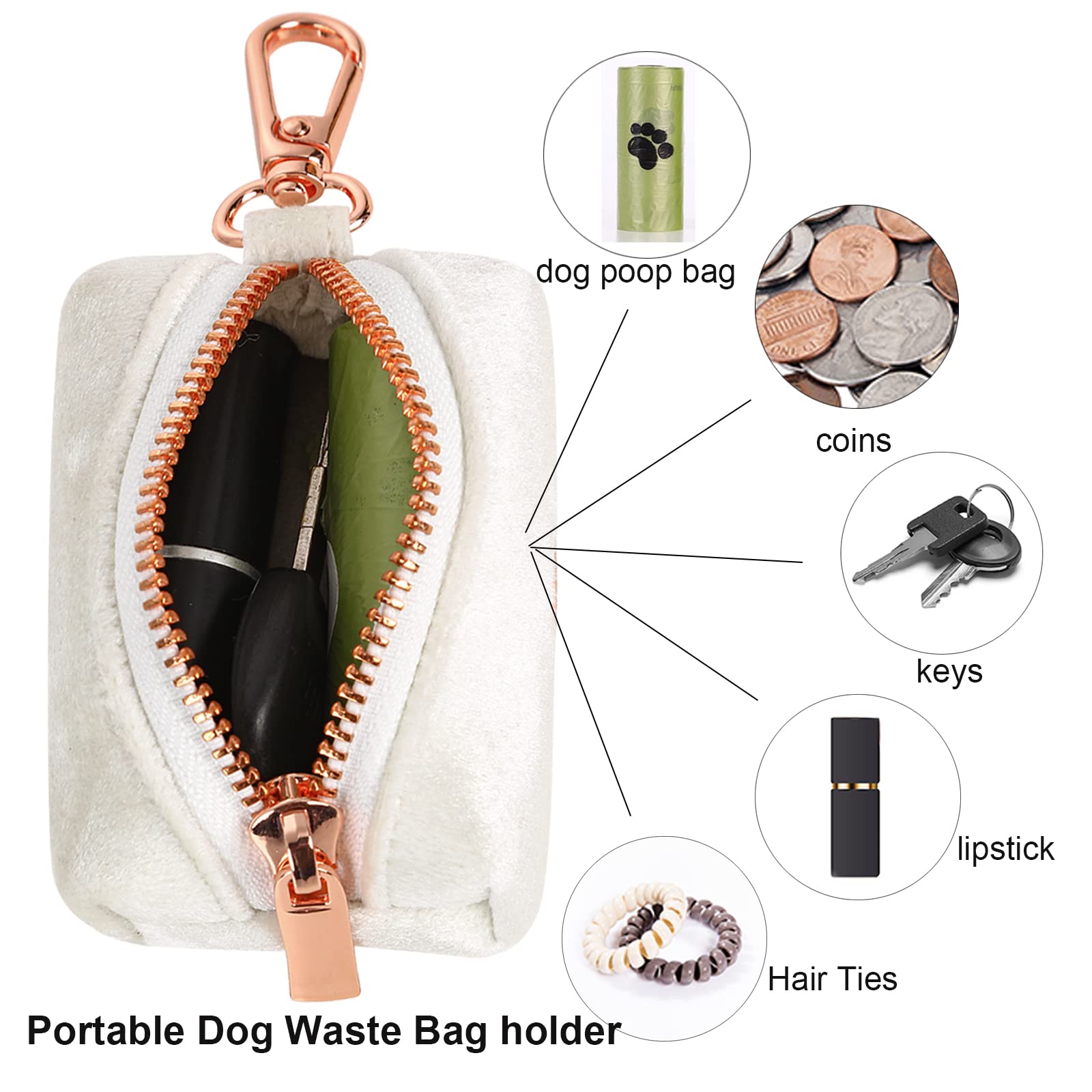 Aring Pet Velvet Dog Waste Bag Holder, White Doggy Poop Bags Dispenser Attach To Any Leashes, Portable Washable Pet Waste Pouch