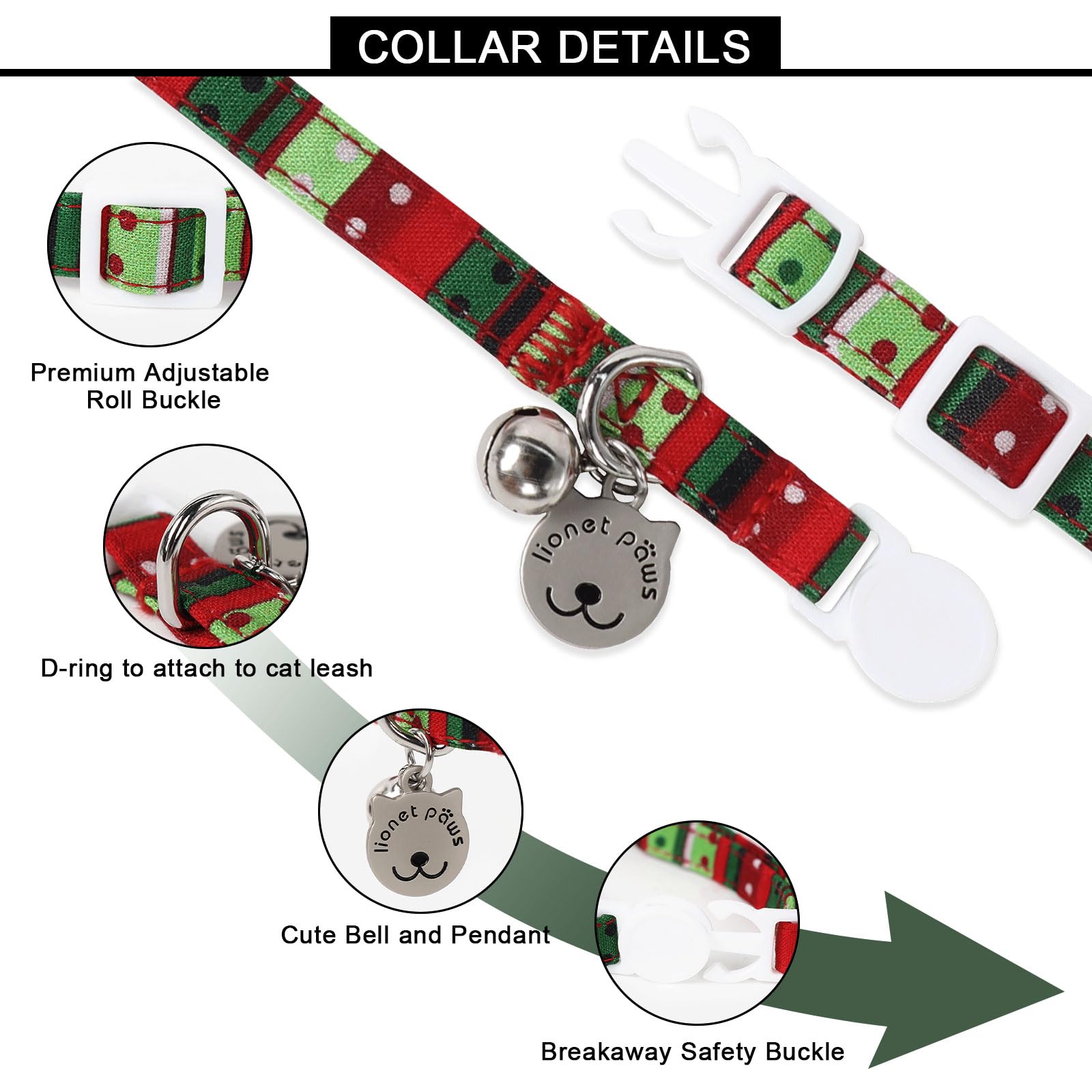 Lionet Paws 2Pcs Pack Cotton Cat Collar,Breakaway Buckle Christmas Cat Coolar With Santa,Red Green Dot Cute Adjustable Cat Kitte