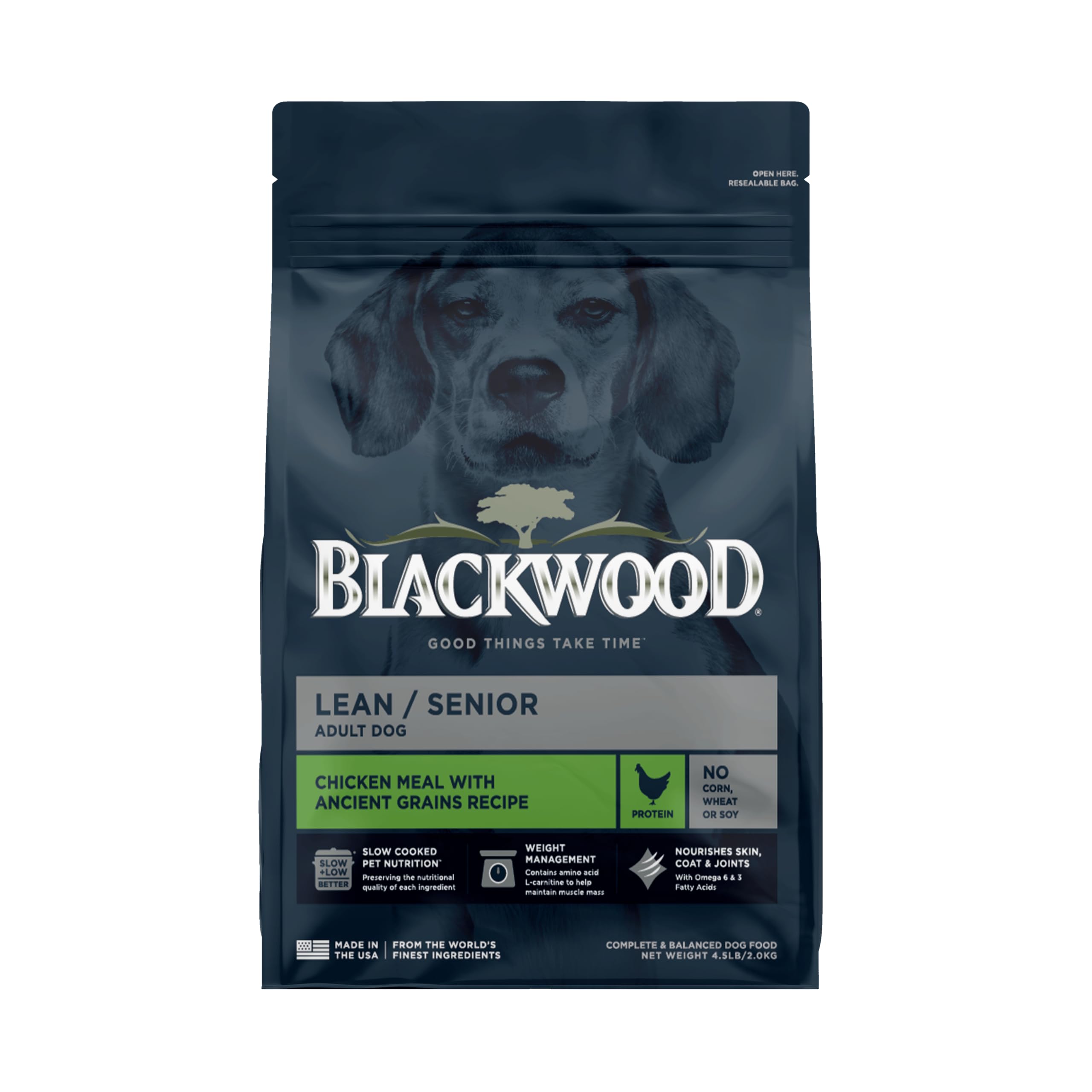 Blackwood Lean/Senior Dry Dog Food, Chicken Meal with Ancient Grains, 4.5 Pound Bag for Weight Management and Muscle Mass Mainte