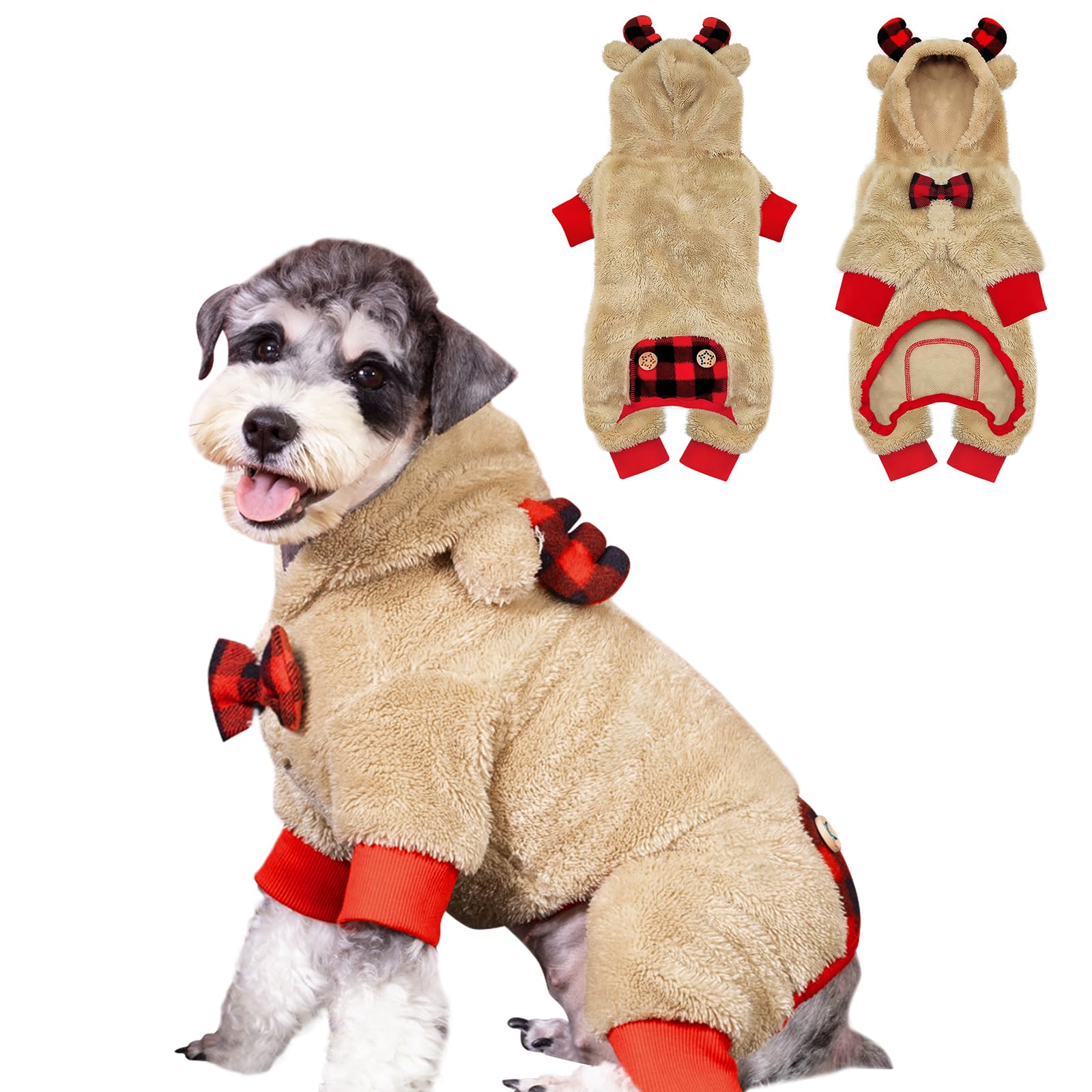 Kyeese Xmas Dogs Pajamas Reindeer Christmas With Bowtie Red Buffalo Check Dog Sweater Small Dog Pjs Plaid Pet Pajamas Dog Clothe