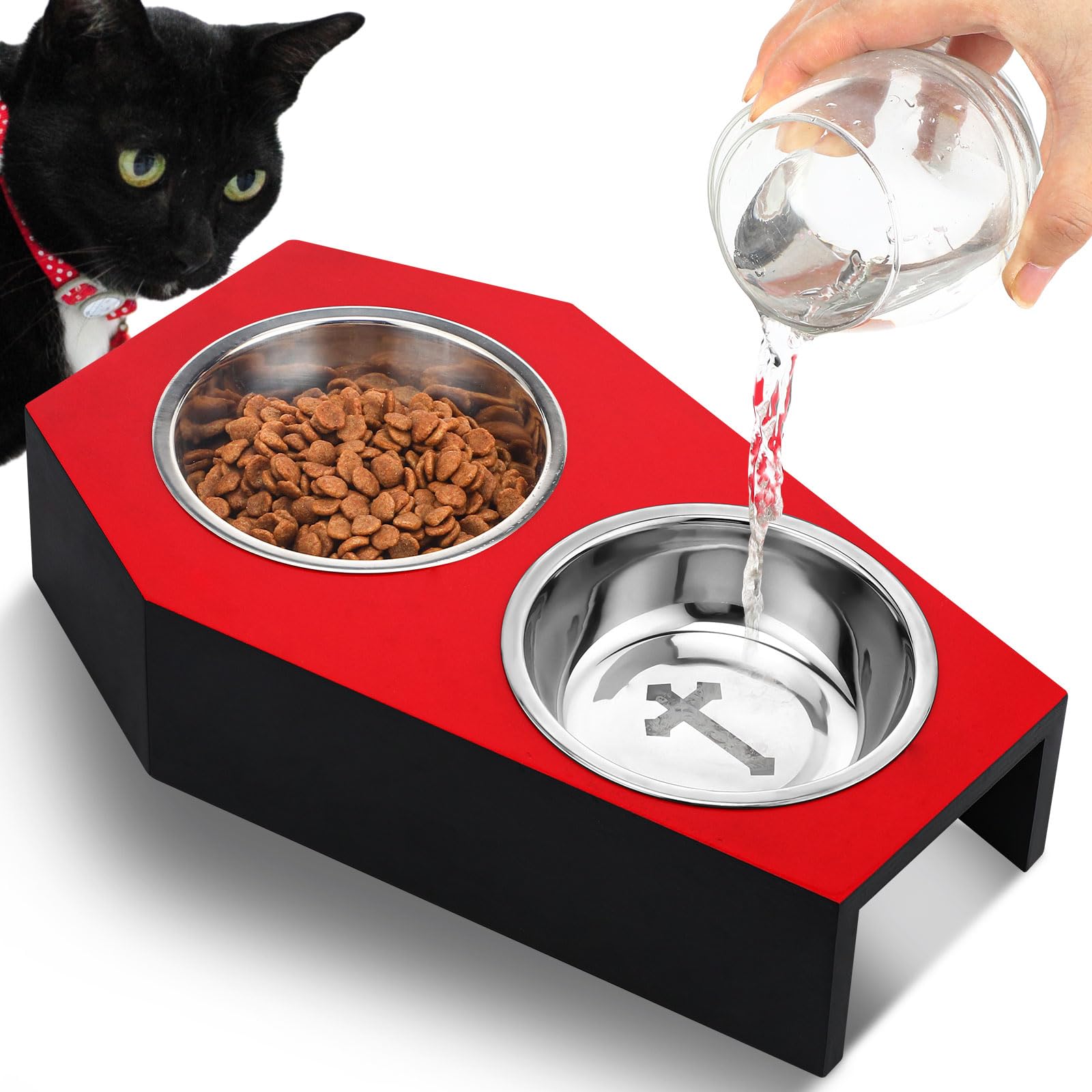 Teenyyou Gothic Cat Food Bowls 5 Raised Elevated Wooden Coffin Cat Bowl for Indoor Kitty Feeder Stand with 2 Stainless Steel Foo