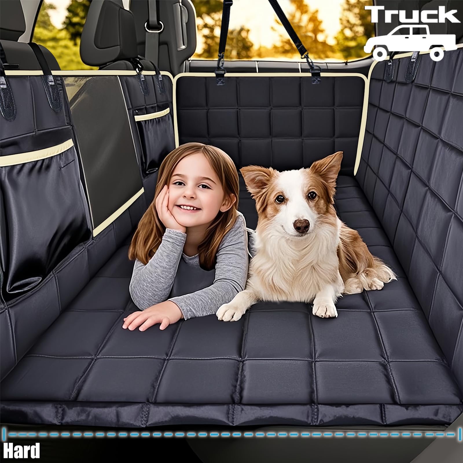 Lassie Truck Back Seat Extender For Dogs With Mesh Window - Waterproof Hard Bottom Dog Hammock For Car Travel Bed Mattress Compa