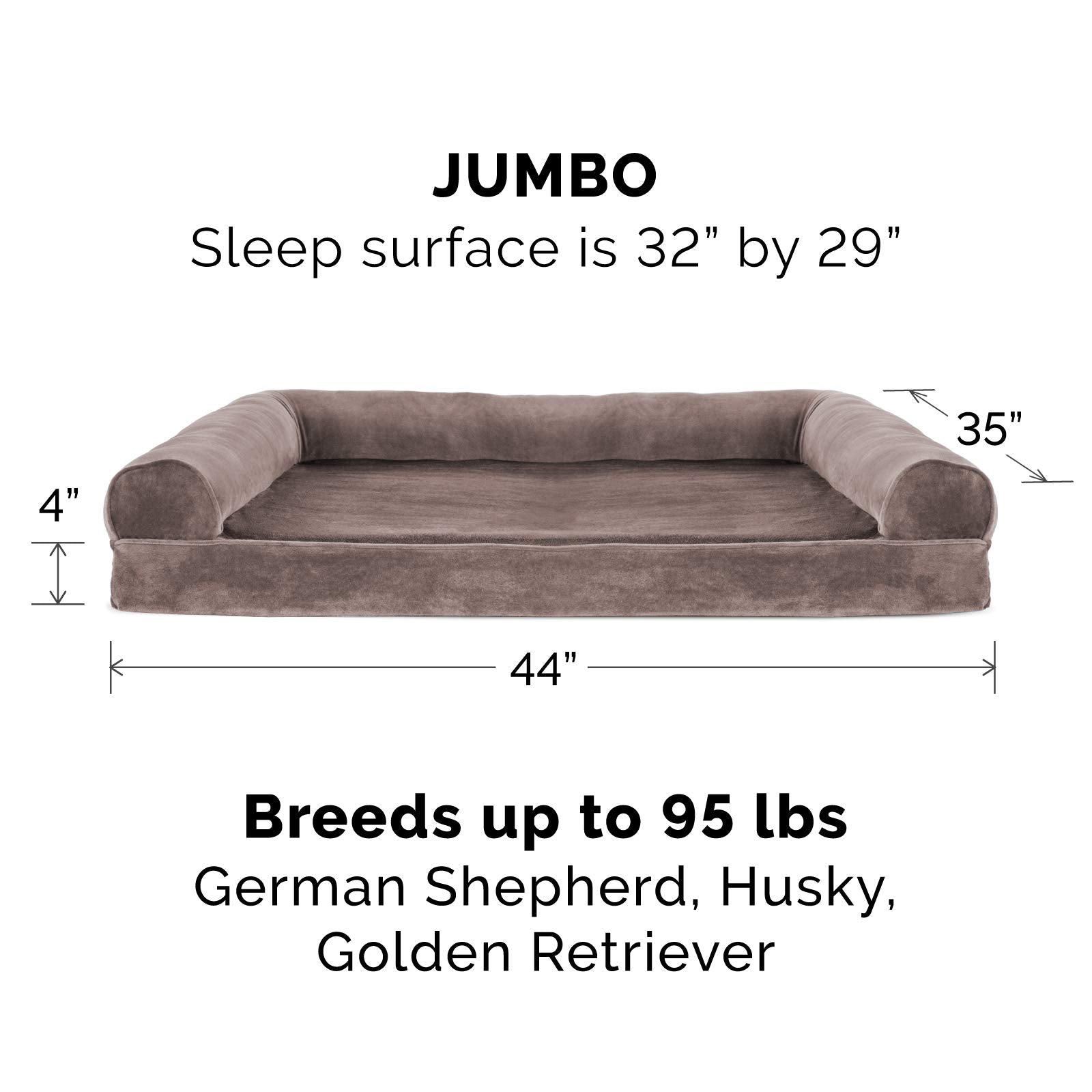 Furhaven Orthopedic Dog Bed For Large Dogs W/ Removable Bolsters & Washable Cover, For Dogs Up To 95 Lbs - Faux Fur & Velvet Sofa - Driftwood Brown, Jumbo/Xl
