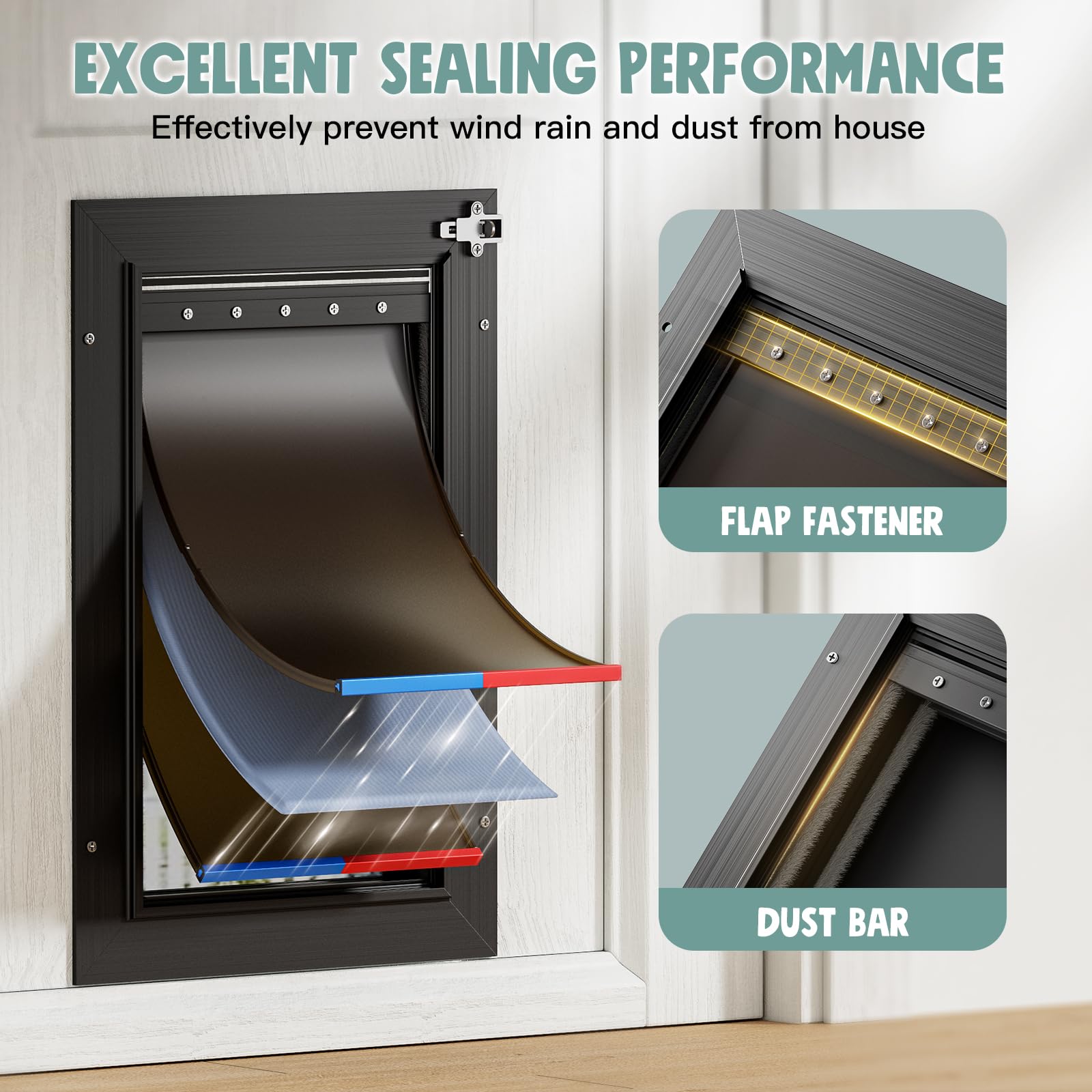 PETCOMING Aluminum Cat Door for Small Pets, Black, Heavy Duty, Insulation Flap, Model FKDD3, Ideal for Dogs and Cats Up to 22lbs