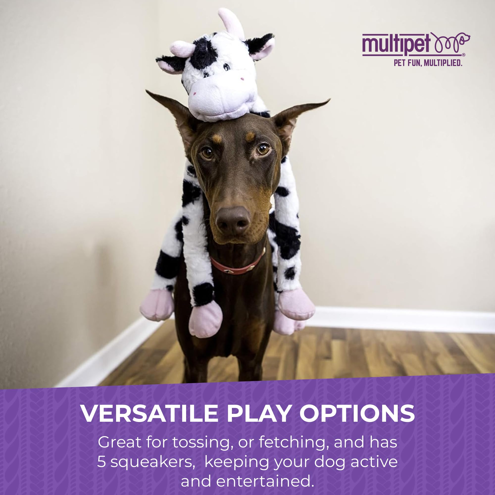 Multipet Swingin Slevin Cow Dog Plush Toy - Squeaky Toy for All Dogs - Extra Soft Plush - Stuffed Animal Dog Toy for Cuddling &