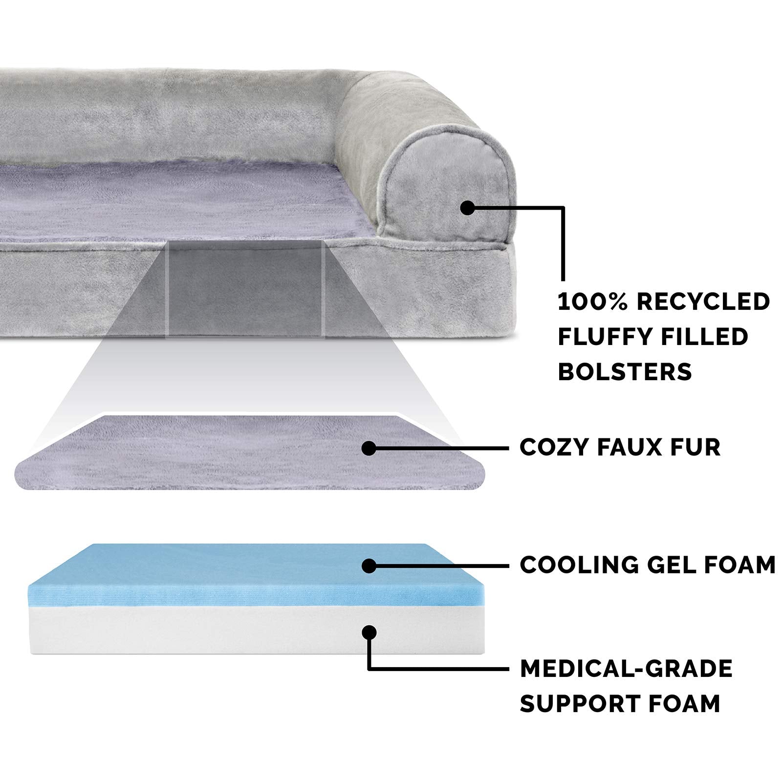 Furhaven Cooling Gel Dog Bed for Large Dogs w/ Removable Bolsters & Washable Cover, For Dogs Up to 125 lbs - Faux Fur & Velvet S