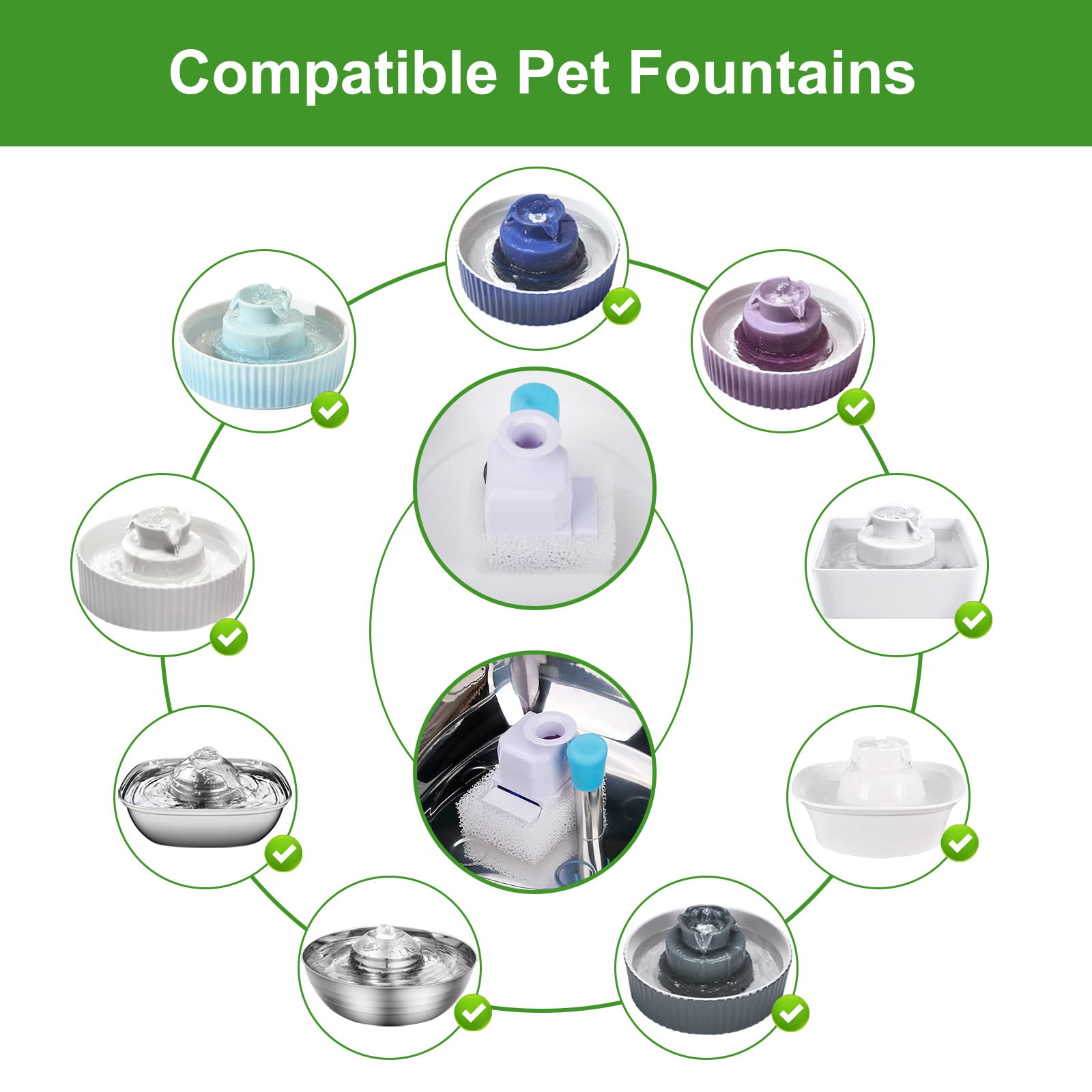 VinDox Pet Fountain Replacement Filters, 8 Cat Fountain Carbon Filters and 2 Foam Pre-Filters for Cupcake Ceramic Pet Fountain P