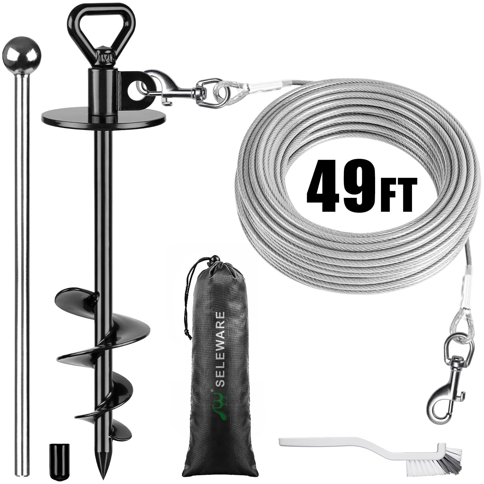 Seleware 49 Ft Dog Tie Out Cable And Stake, Anti-Rust Dog Anchor With Composed Of Stainless Steel Wire Cable For Large Dogs Up T
