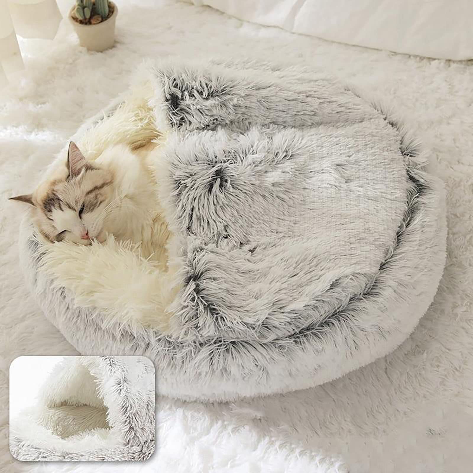 Shinhye Cat Bed Round Plush Fluffy Hooded Cat Bed Cave, Cozy For Indoor Cats Or Small Dog Beds, Soothing Pet Beds Doughnut Calm Anti-Nxiety Dog Bed - Waterproof Bottom Washable, Grey.20 Inches
