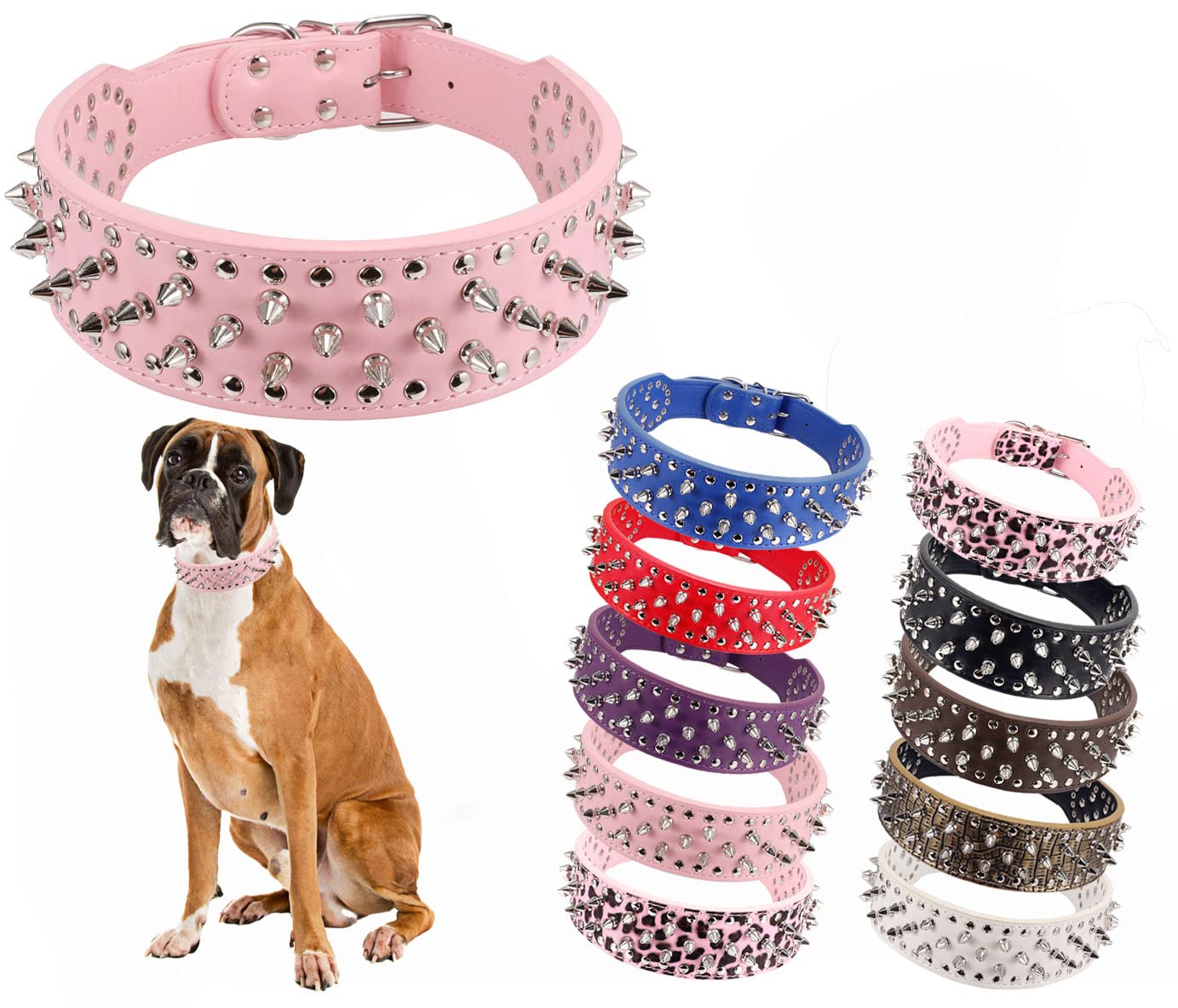 Btdcfy Hoot Pu Leather Adjustable Spiked Studded Dog Collar 2 Wide 37 Spikes (M(Neck 19-22), Pink)