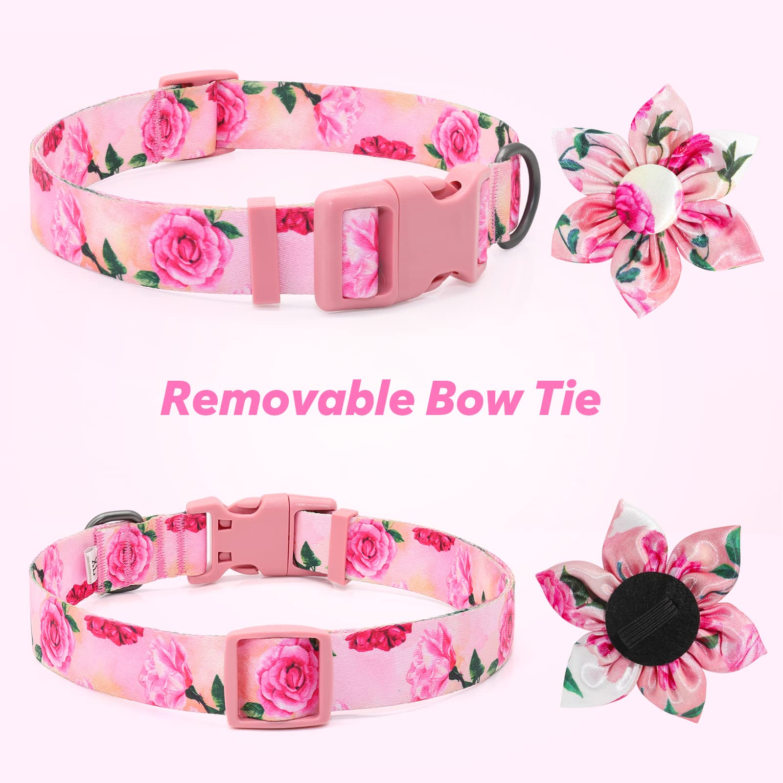 Pink Dog Collar Floral Girl Dog Collar With Rose Flower Bow Tie Dog Collar For Cute Girl Female Cats Dogs Spring Summer Season D