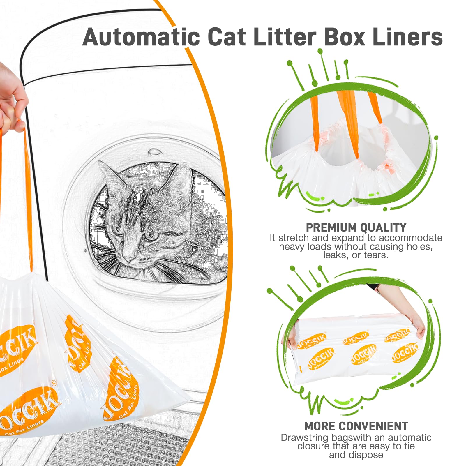 Drawstring Litter Liner Bags Compatible with Automatic Cat Litter Boxes 100 Count Tear Resistant Waste Drawer Liners