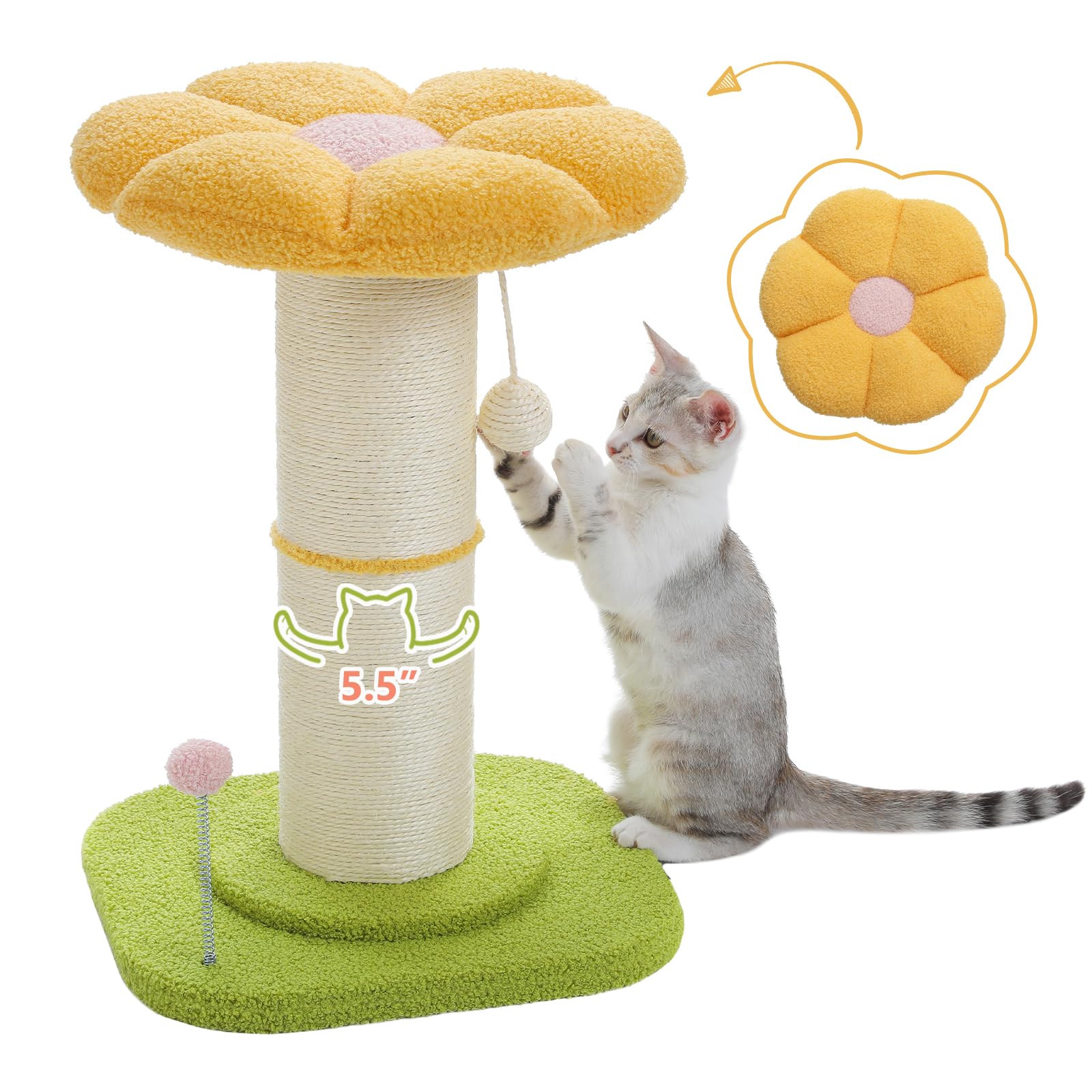 Pequlti Flower Cat Scratching Post, Small Cat Tree, Tall Cat Scratcher For Indoor Cats With Super Thick Scratching Post [Dia=5.5