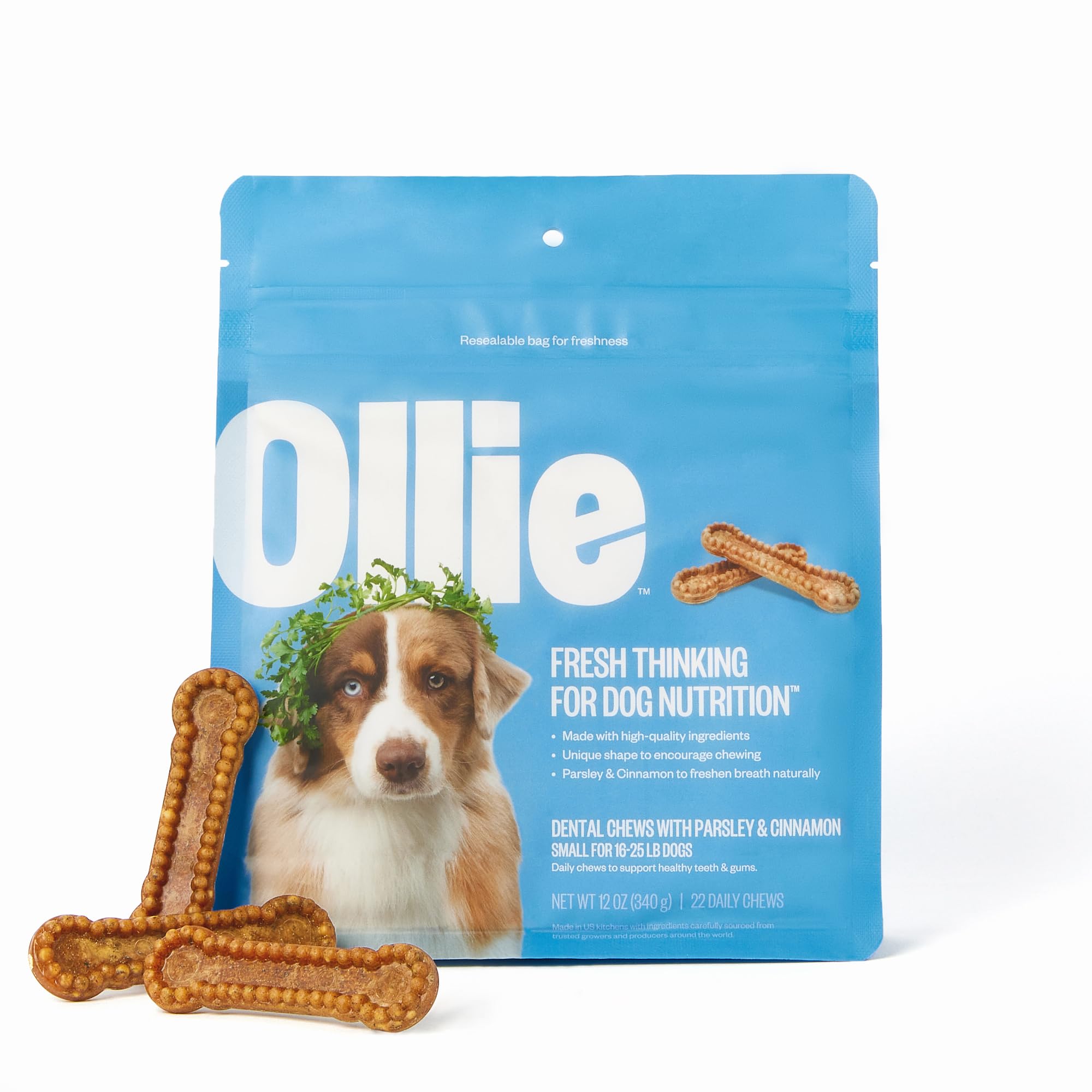 Ollie Dental Chews for Small Dogs, 12 Oz, Fresh Breath, Teeth Cleaning Treats, Sticks for Dog Oral Care, with Parsley and Cinnim