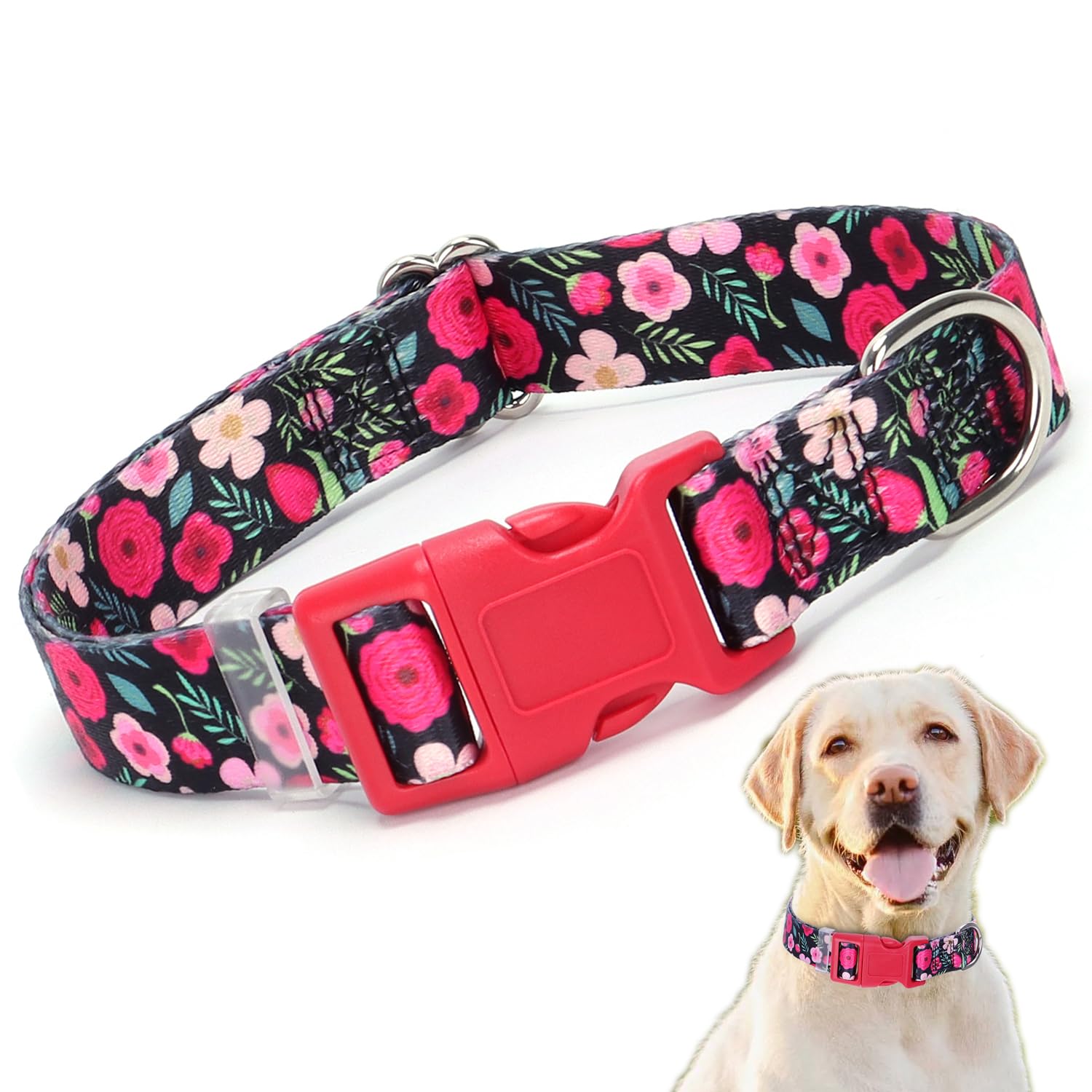 Flower Dog Collar Red, Pretty Floral Pattern Design Quick Release Buckle Soft Nylon Girl Dog Collars Adjustable for Small Medium