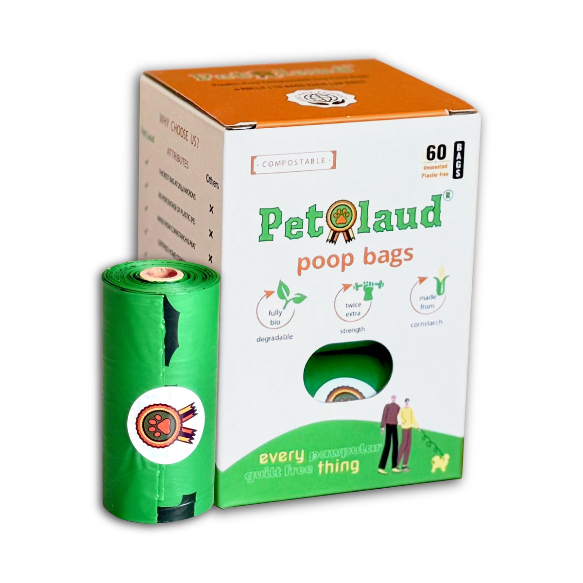 Petlaud Compostable Dog Poop Bags - Extra Thick, Easy Tear, Leakproof - Certified Astm D6400 & En13432 - Ok Compost - 60 Count