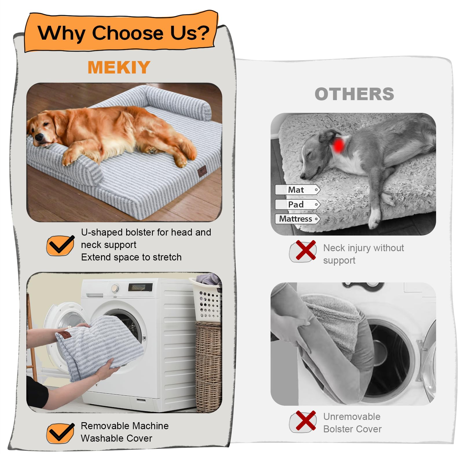 MEKIY Orthopedic Waterproof Dog Bed - Extra Large 42"x30"x8" - Light Gray Stripe, Washable Cover, Non-Slip Bottom