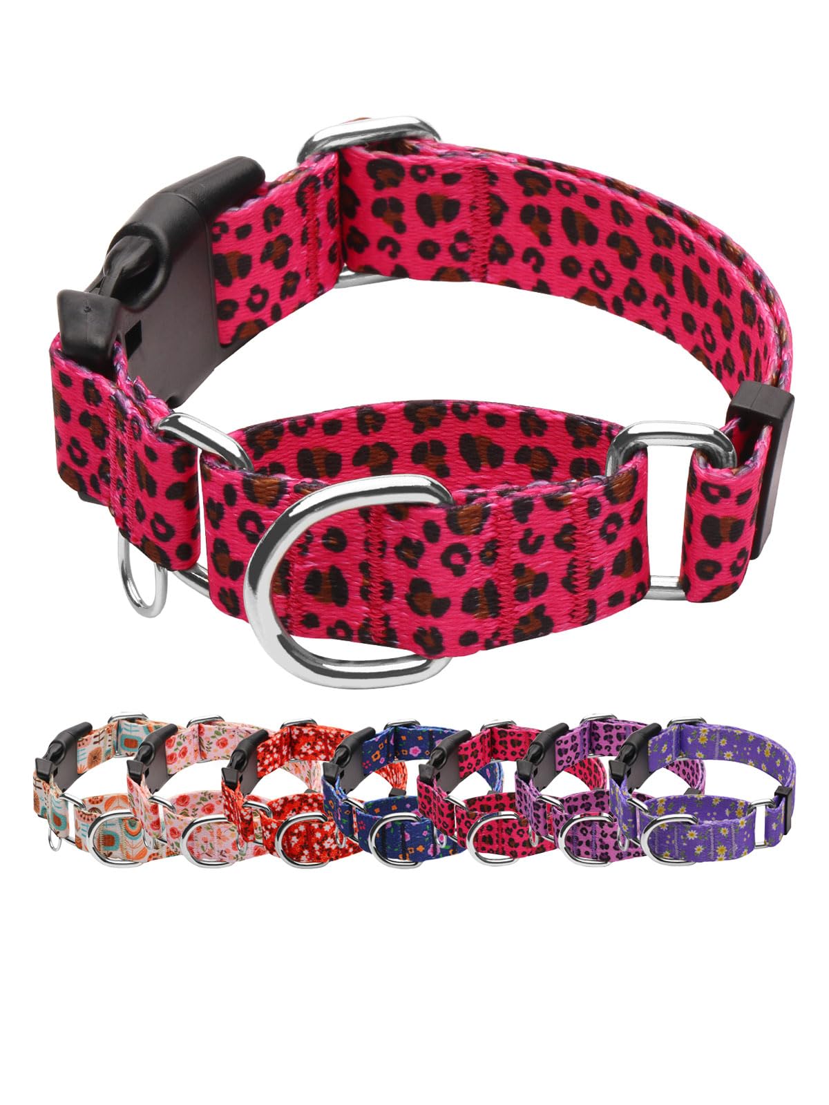 Joocpup Martingale Dog Collar With Tag Ring - Adjustable Soft Nylon No-Slip Design For Small, Medium & Large Dogs, Pink Leopard 
